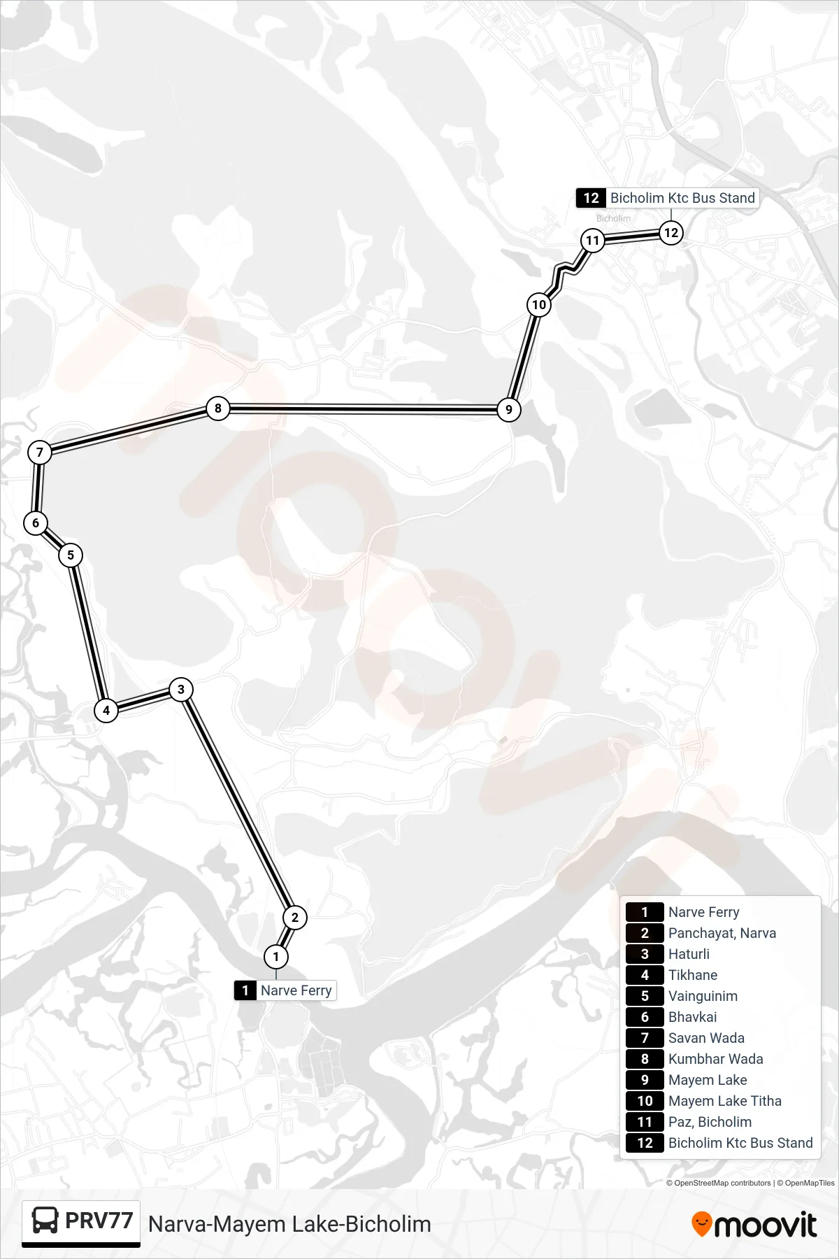 PRV77 bus Line (Narva-Mayem Lake-Bicholim) route and stops on a map