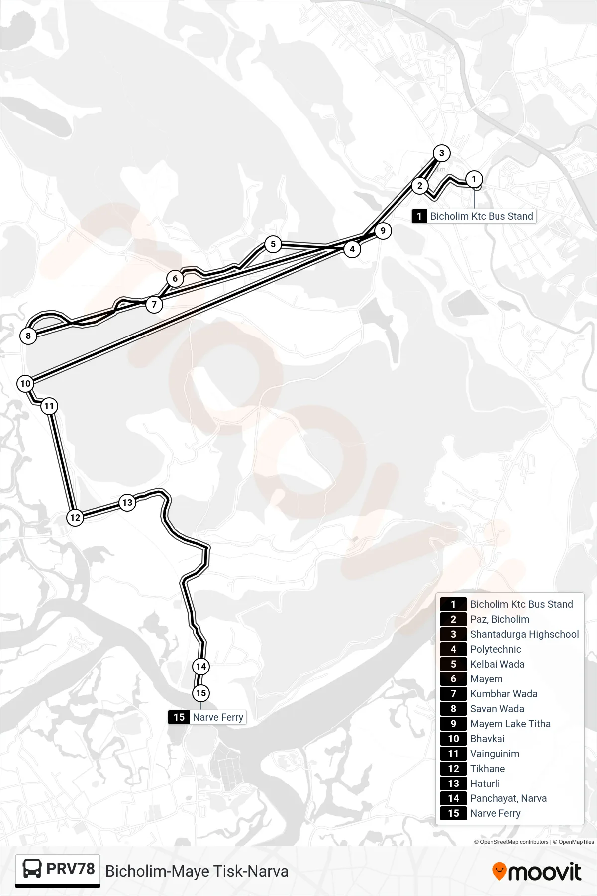 PRV78 bus Line (Bicholim-Maye Tisk-Narva) route and stops on a map