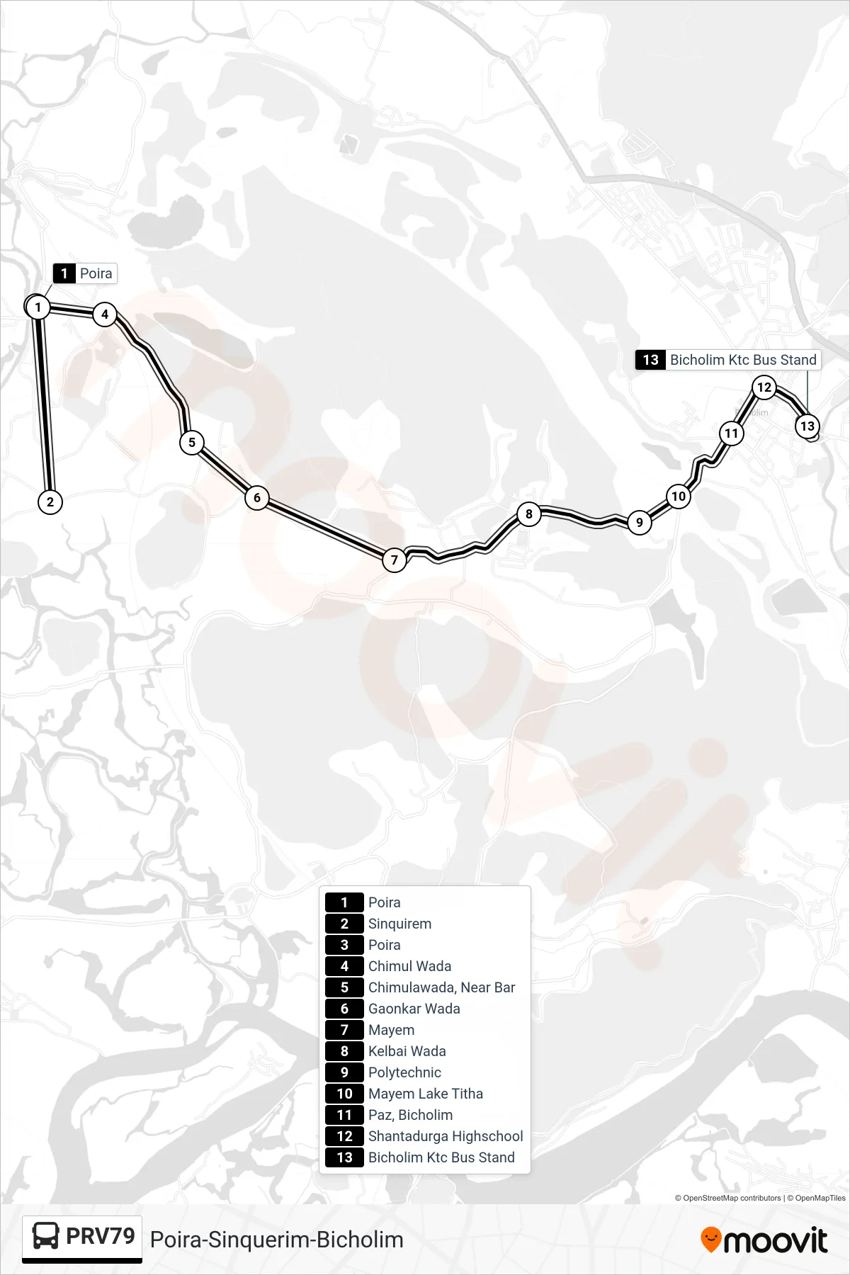 PRV79 bus Line (Poira-Sinquerim-Bicholim) route and stops on a map