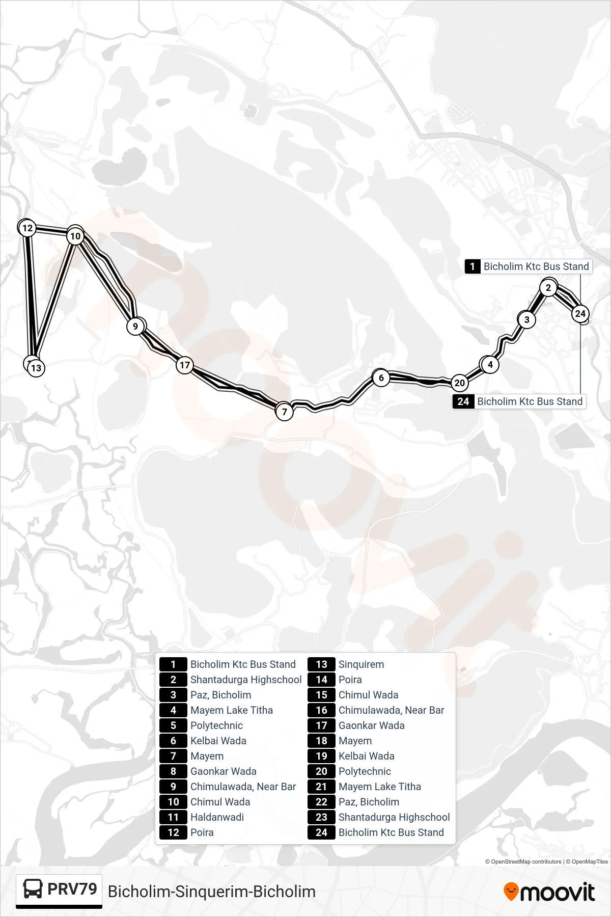 PRV79 bus Line (Bicholim-Sinquerim-Bicholim) route and stops on a map
