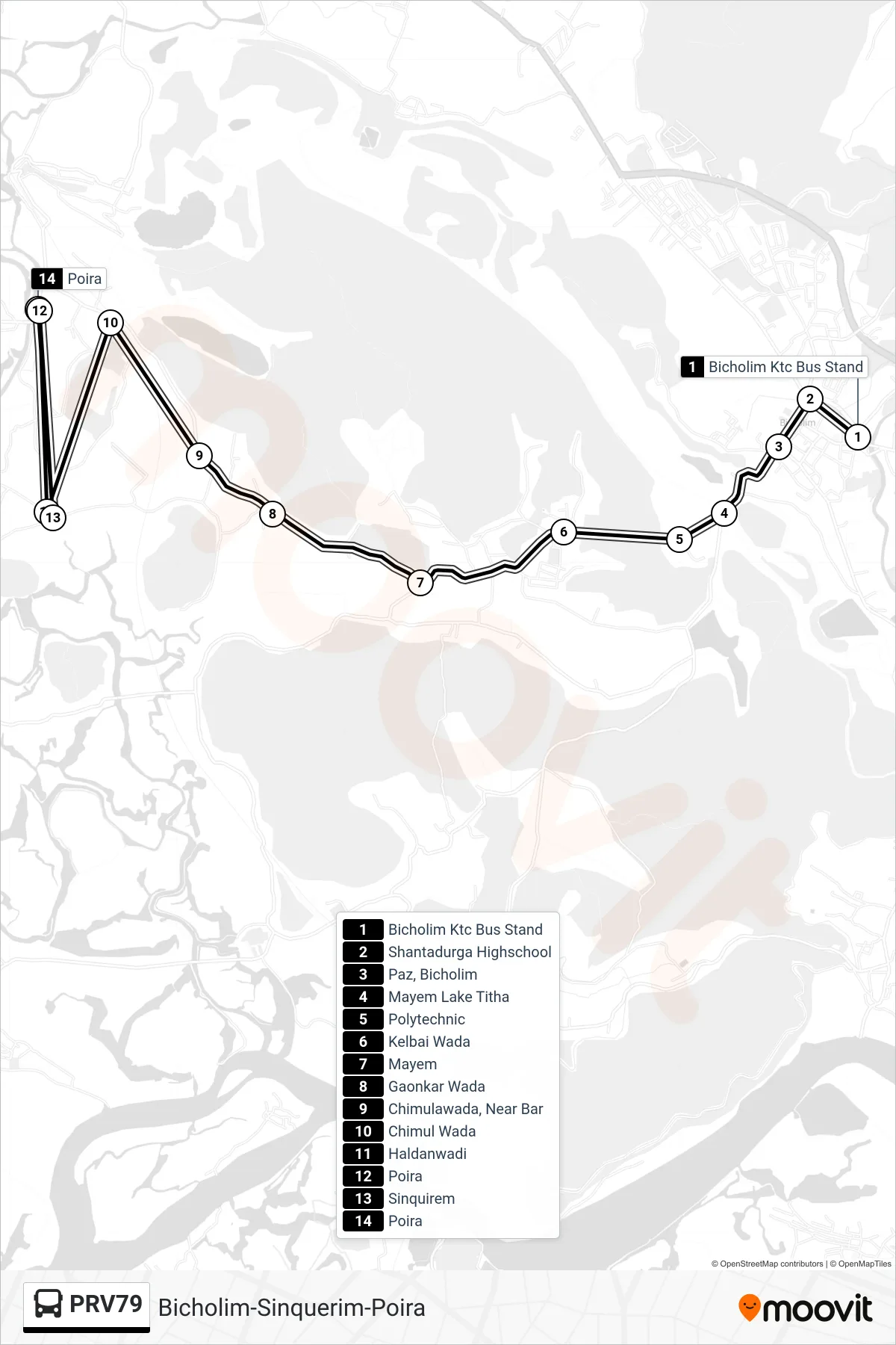 PRV79 bus Line (Bicholim-Sinquerim-Poira) route and stops on a map