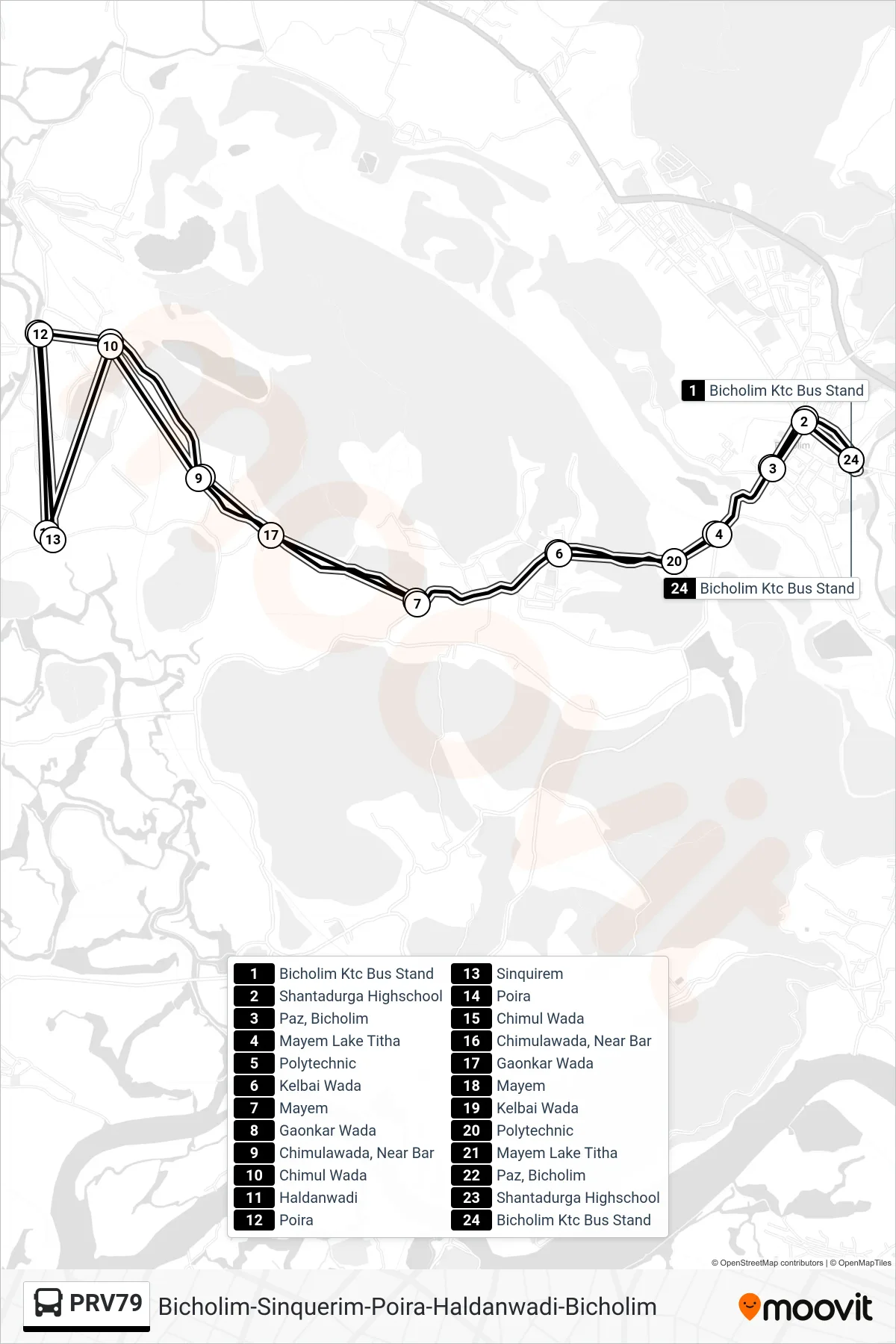 PRV79 bus Line (Bicholim-Sinquerim-Poira-Haldanwadi-Bicholim) route and stops on a map