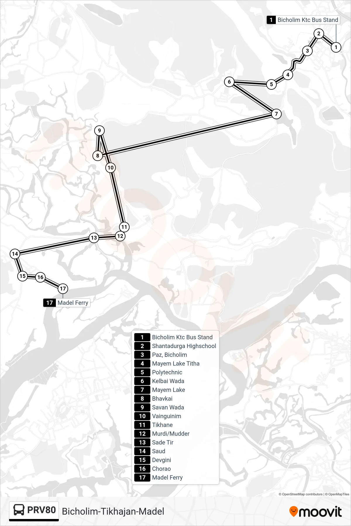 PRV80 bus Line (Bicholim-Tikhajan-Madel) route and stops on a map