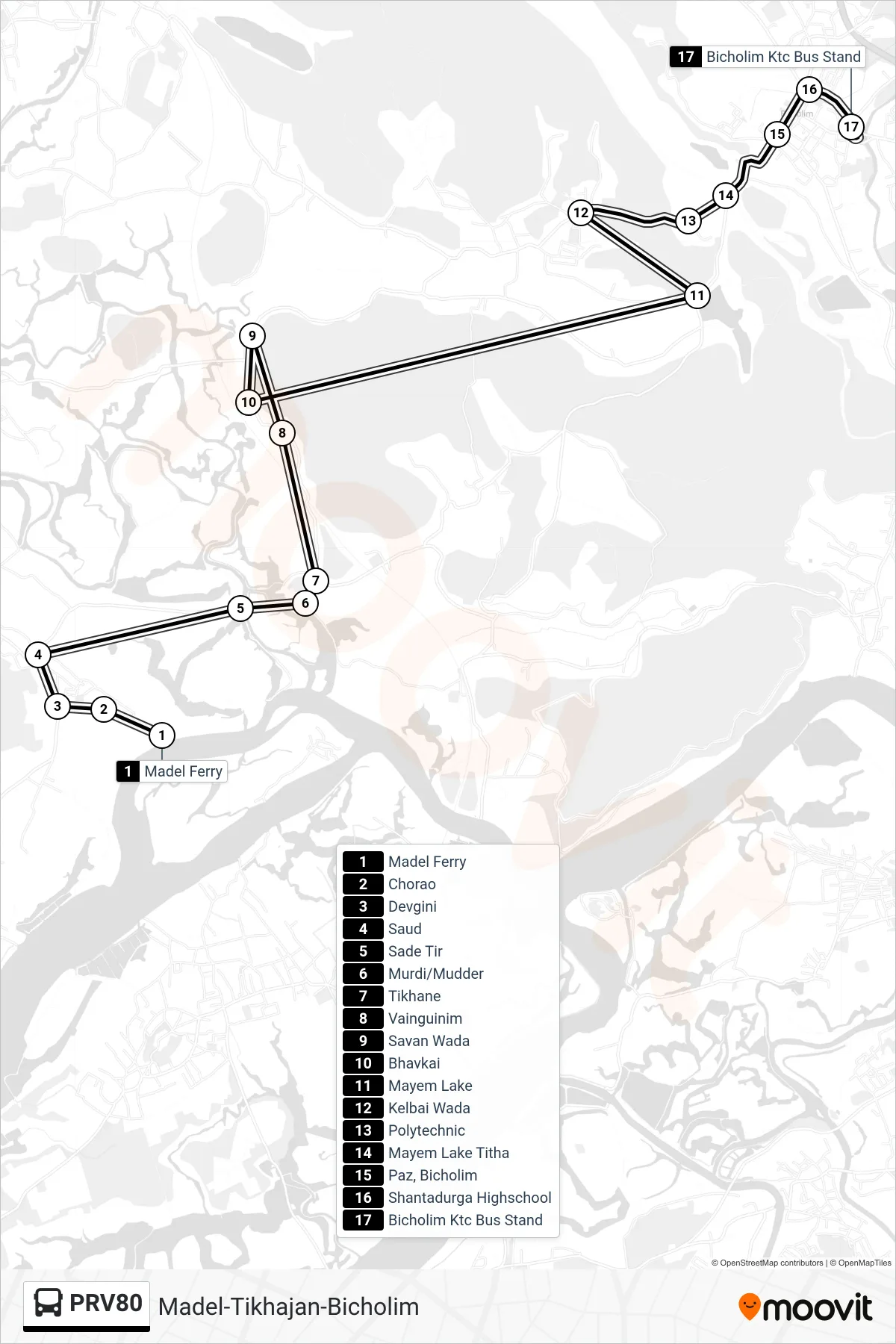 PRV80 bus Line (Madel-Tikhajan-Bicholim) route and stops on a map