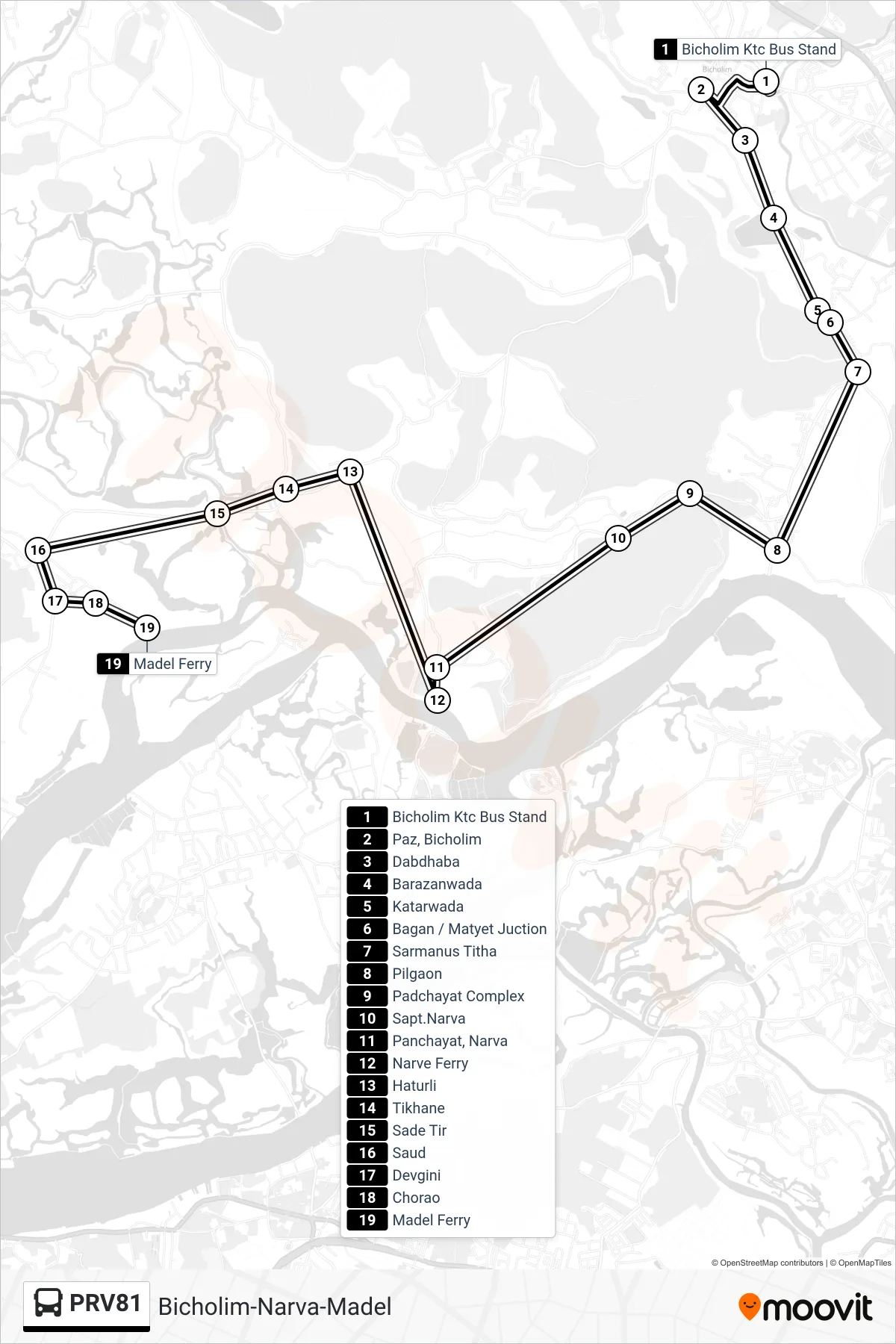 PRV81 bus Line (Bicholim-Narva-Madel) route and stops on a map