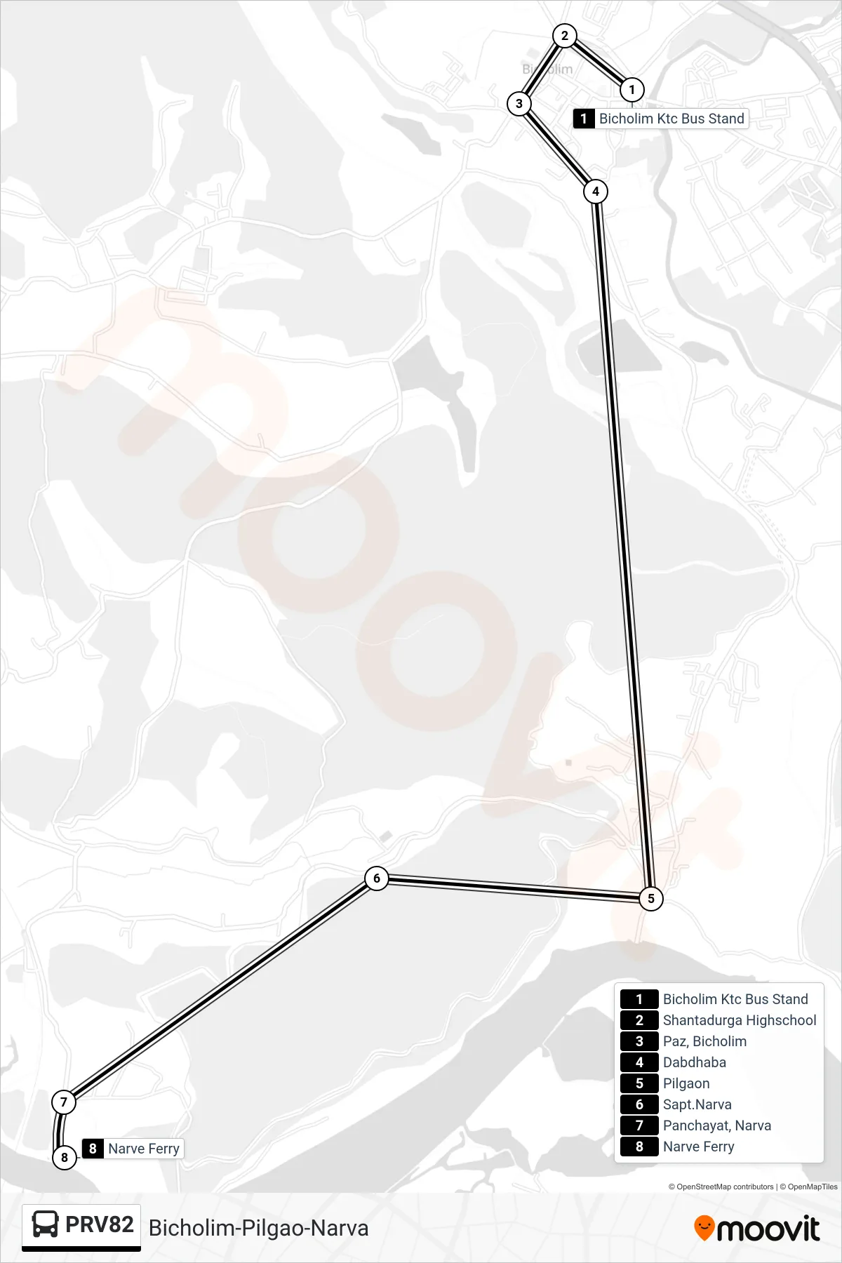 PRV82 bus Line (Bicholim-Pilgao-Narva) route and stops on a map