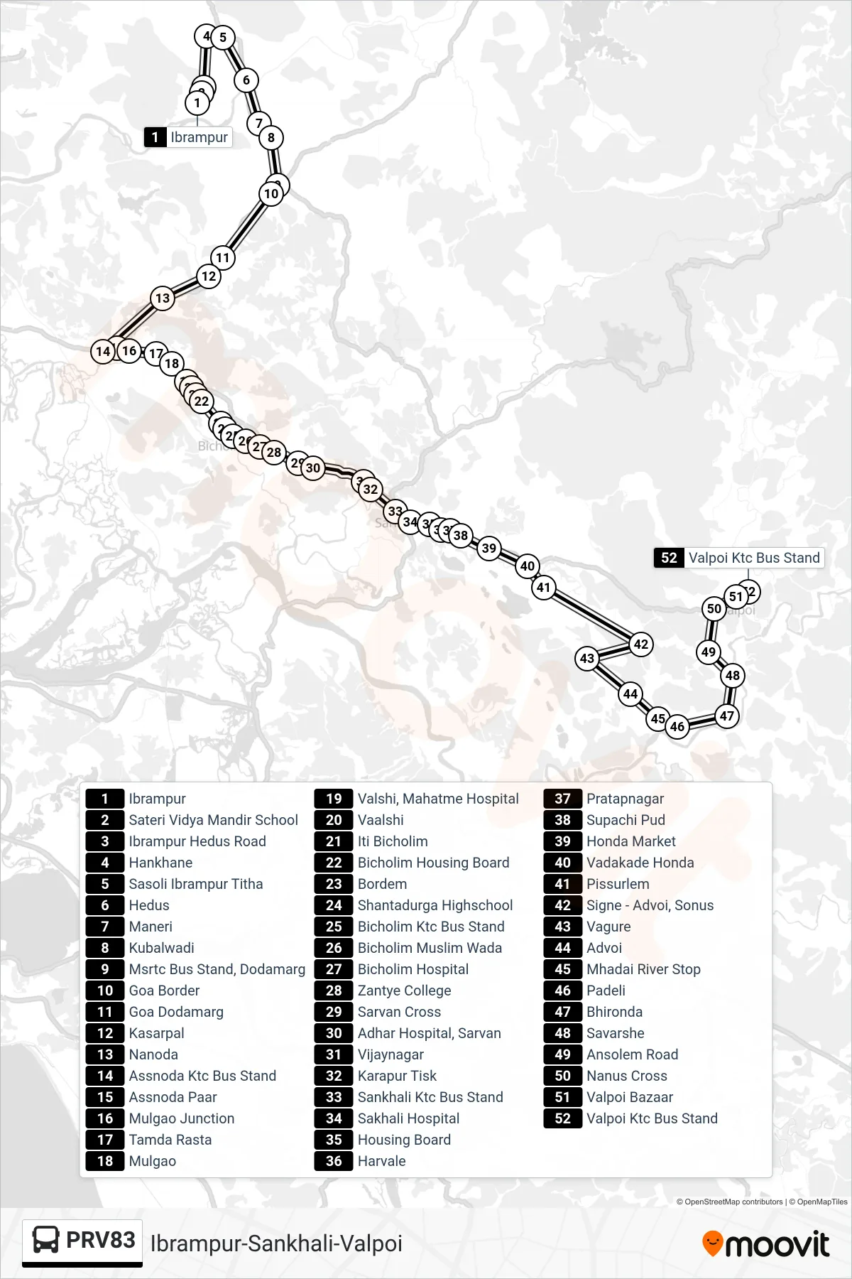 PRV83 bus Line (Ibrampur-Sankhali-Valpoi) route and stops on a map