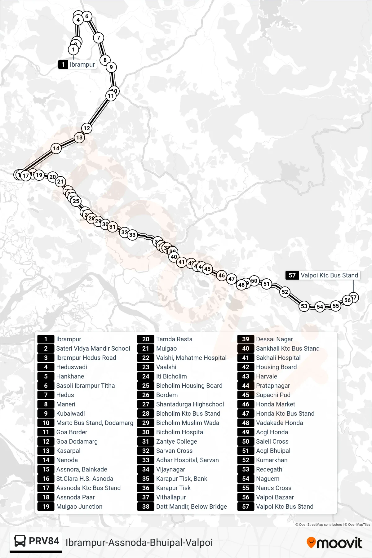 PRV84 bus Line (Ibrampur-Assnoda-Bhuipal-Valpoi) route and stops on a map