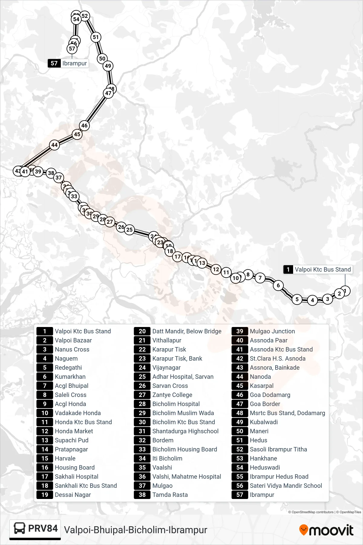 PRV84 bus Line (Valpoi-Bhuipal-Bicholim-Ibrampur) route and stops on a map