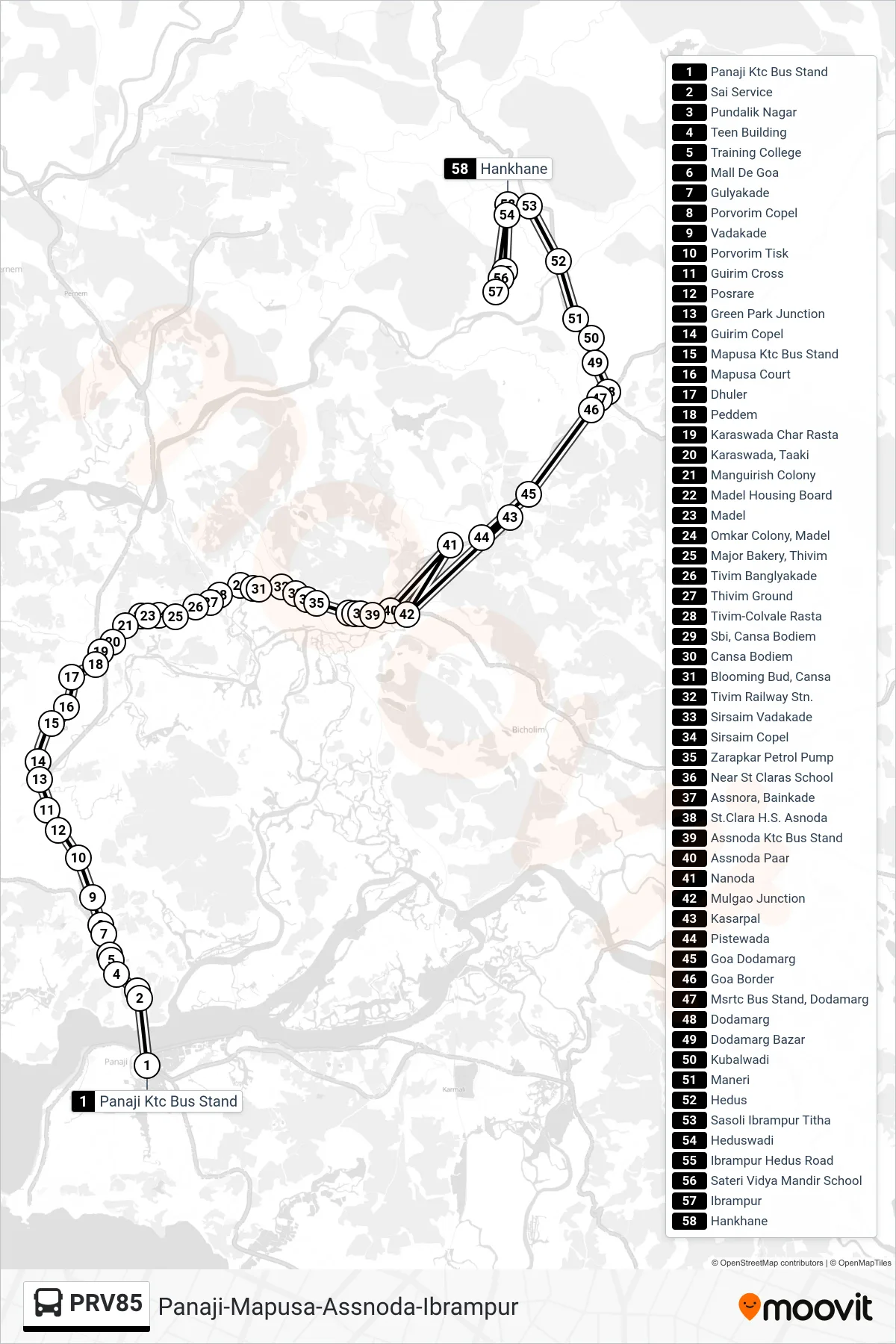 PRV85 bus Line (Panaji-Mapusa-Assnoda-Ibrampur) route and stops on a map