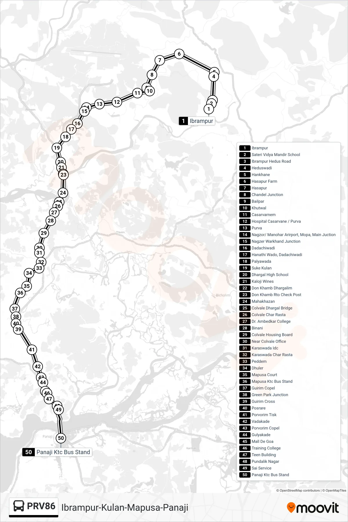PRV86 bus Line (Ibrampur-Kulan-Mapusa-Panaji) route and stops on a map