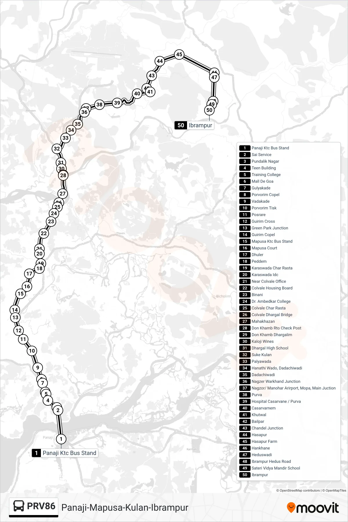 PRV86 bus Line (Panaji-Mapusa-Kulan-Ibrampur) route and stops on a map