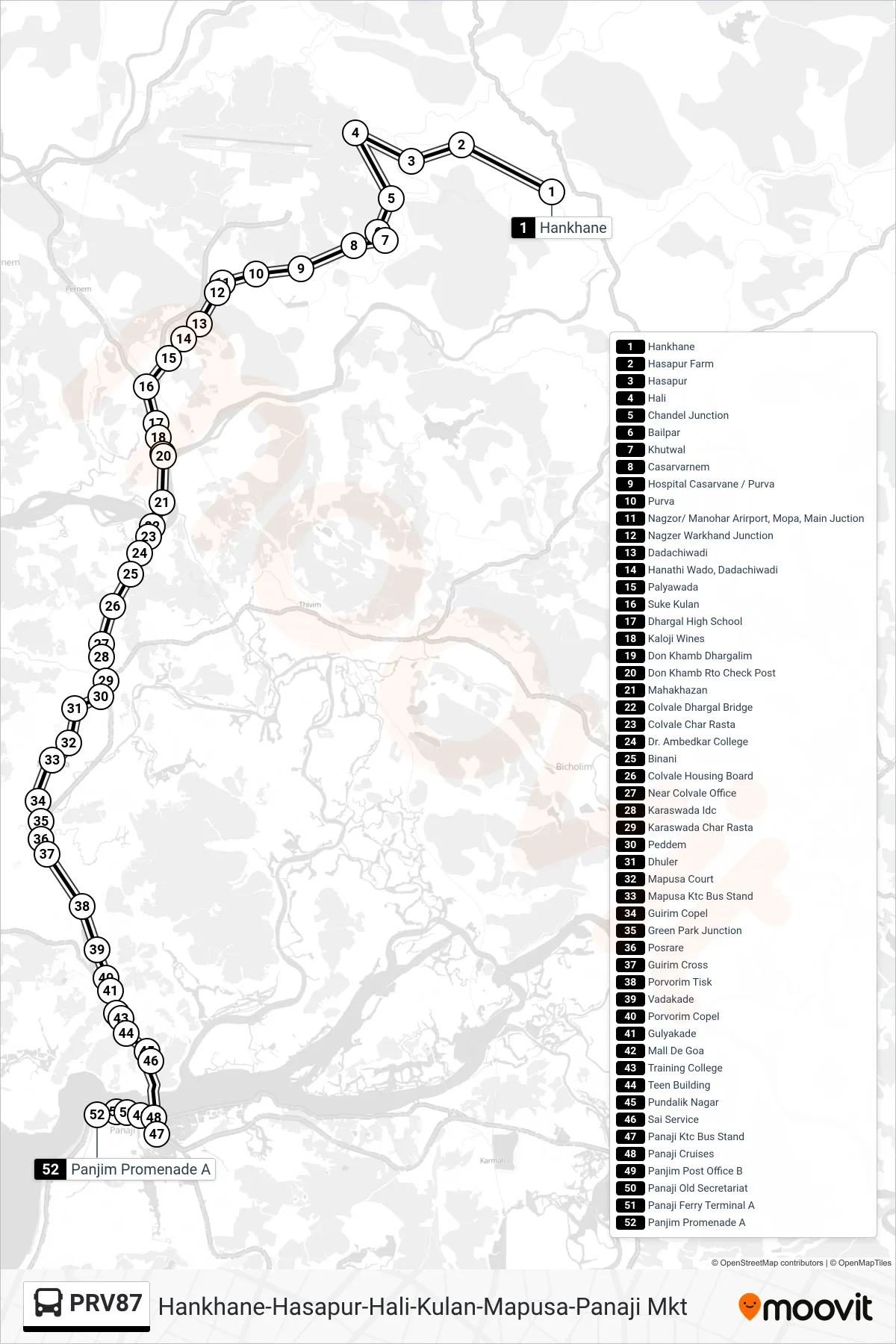 PRV87 bus Line (Hankhane-Hasapur-Hali-Kulan-Mapusa-Panaji Mkt) route and stops on a map