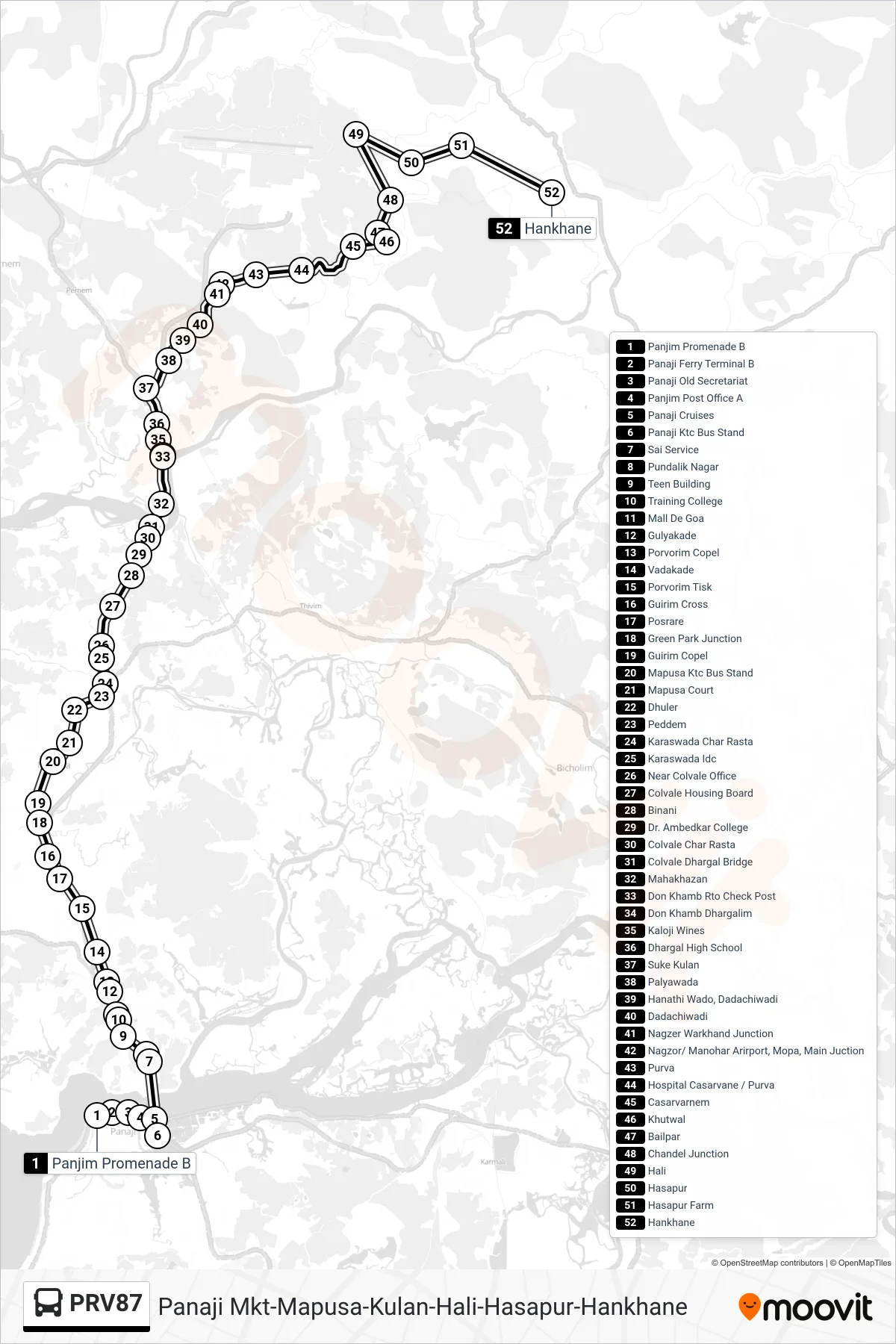 PRV87 bus Line (Panaji Mkt-Mapusa-Kulan-Hali-Hasapur-Hankhane) route and stops on a map