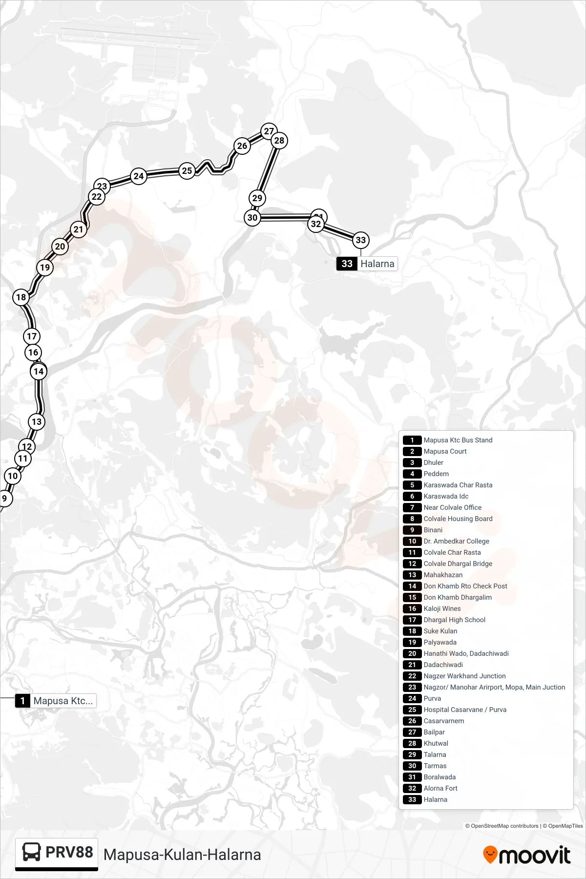 PRV88 bus Line (Mapusa-Kulan-Halarna) route and stops on a map