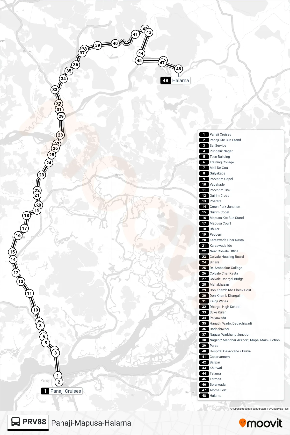 PRV88 bus Line (Panaji-Mapusa-Halarna) route and stops on a map