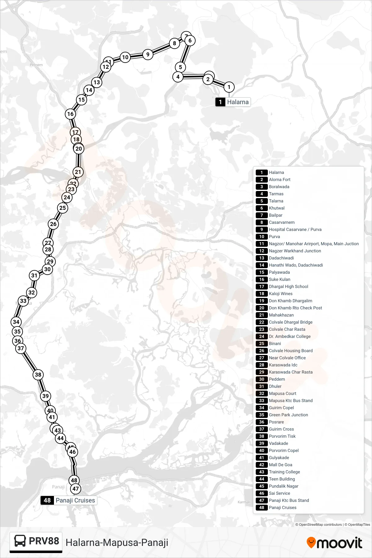 PRV88 bus Line (Halarna-Mapusa-Panaji) route and stops on a map