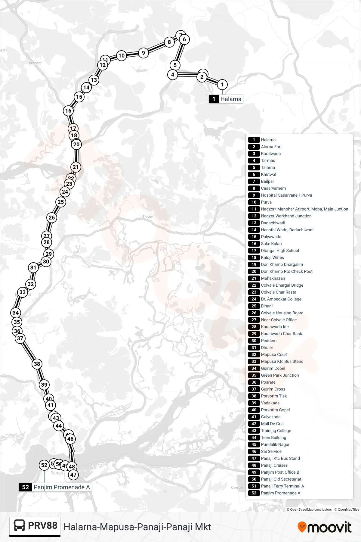 PRV88 bus Line (Halarna-Mapusa-Panaji-Panaji Mkt) route and stops on a map
