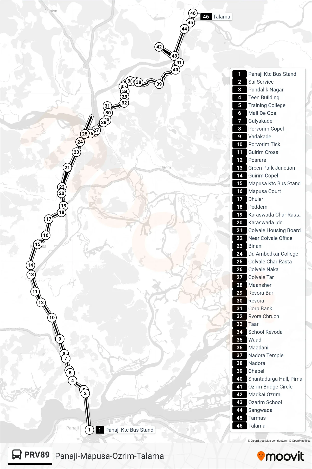 PRV89 bus Line (Panaji-Mapusa-Ozrim-Talarna) route and stops on a map