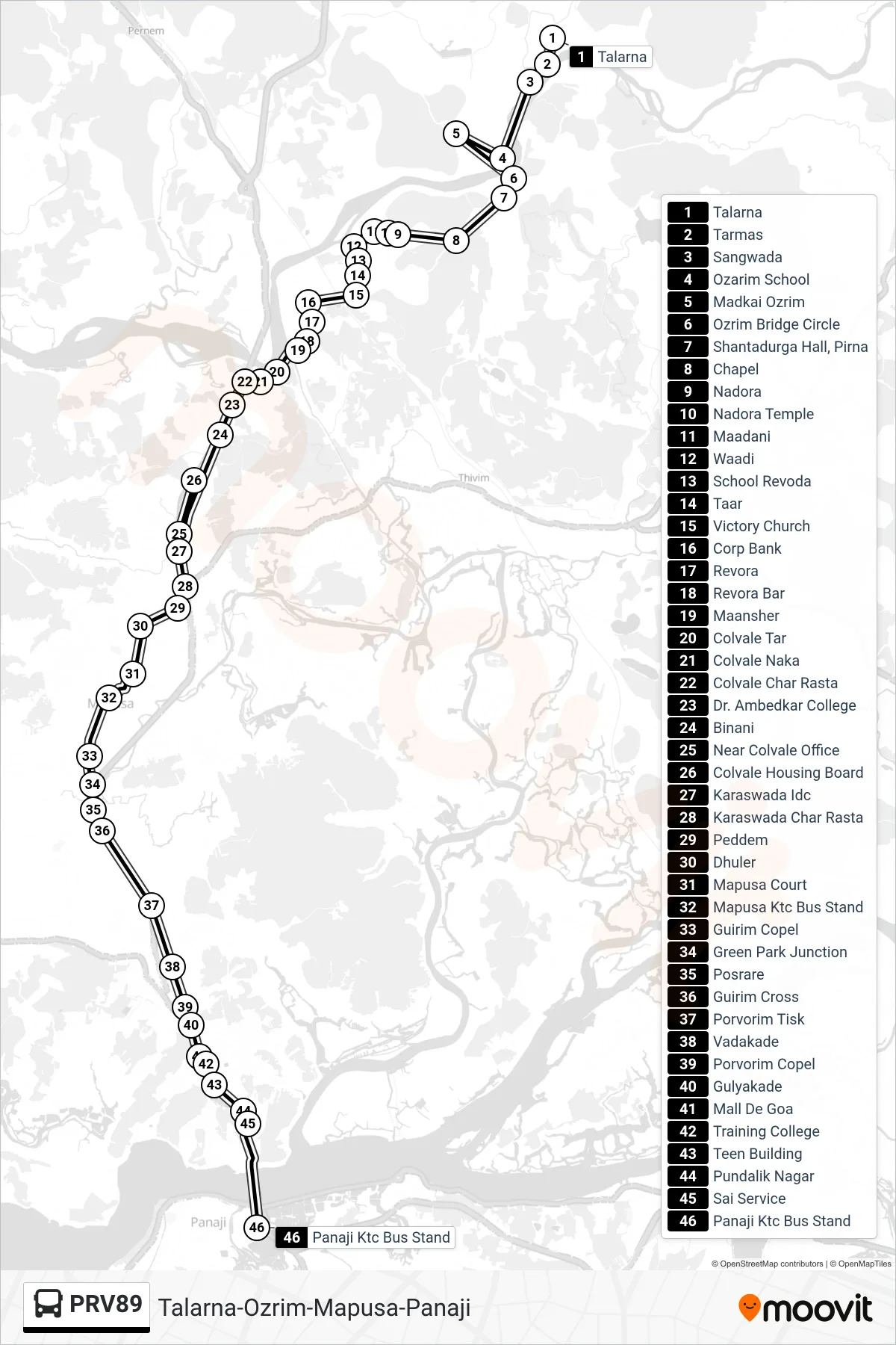 PRV89 bus Line (Talarna-Ozrim-Mapusa-Panaji) route and stops on a map