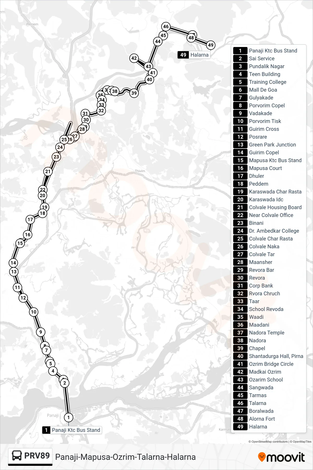 PRV89 bus Line (Panaji-Mapusa-Ozrim-Talarna-Halarna) route and stops on a map