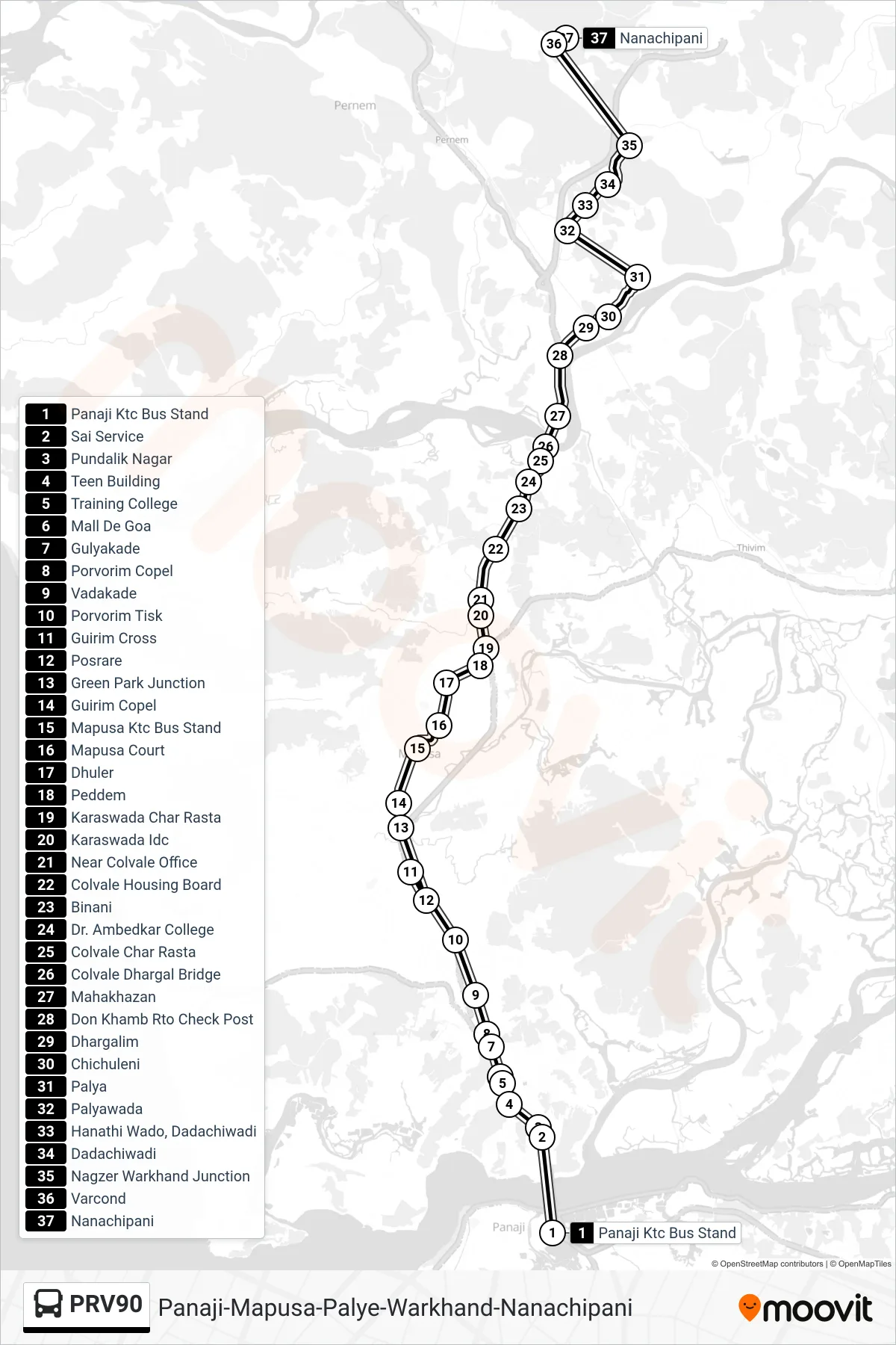 PRV90 bus Line (Panaji-Mapusa-Palye-Warkhand-Nanachipani) route and stops on a map