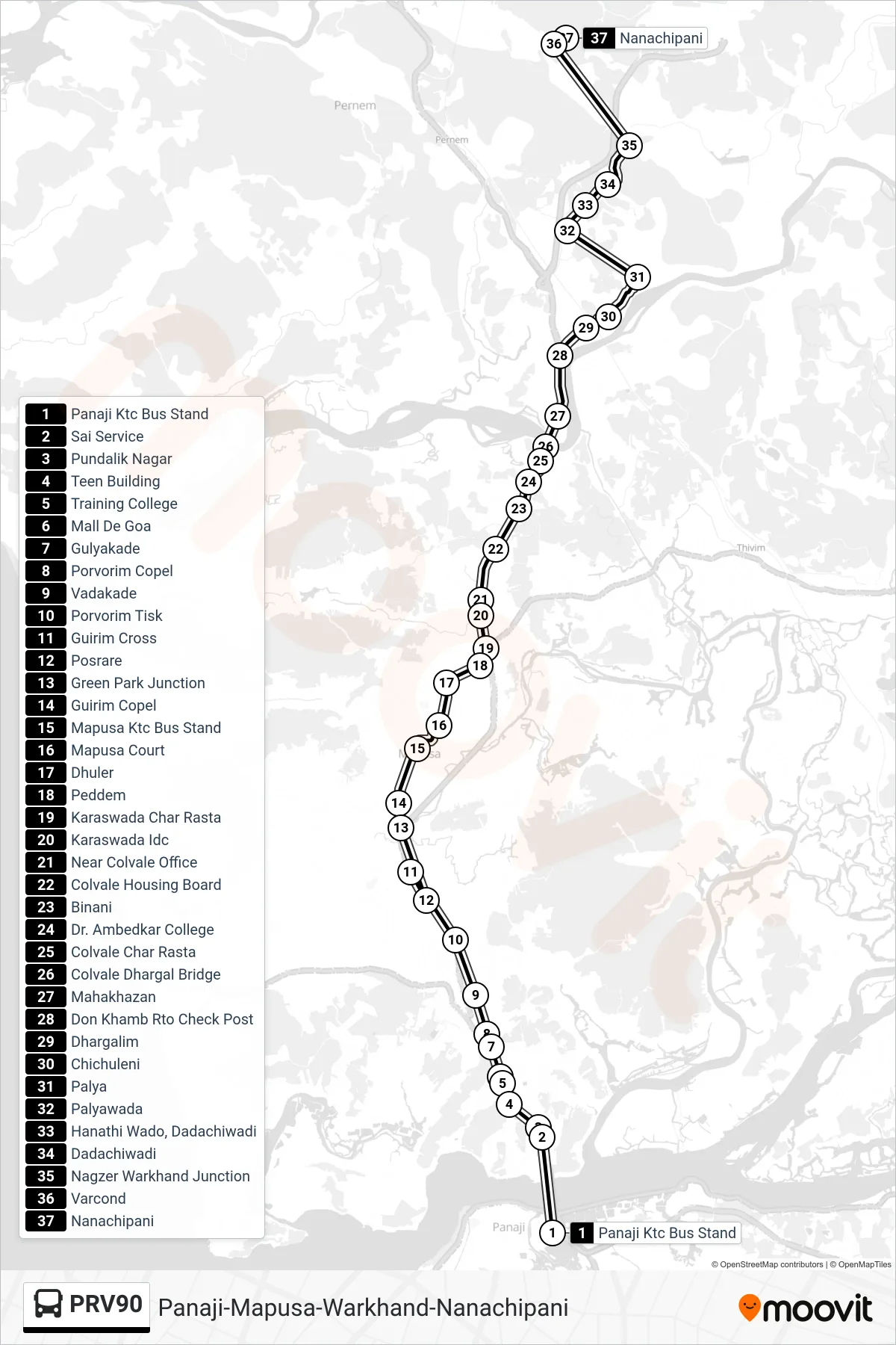PRV90 bus Line (Panaji-Mapusa-Warkhand-Nanachipani) route and stops on a map