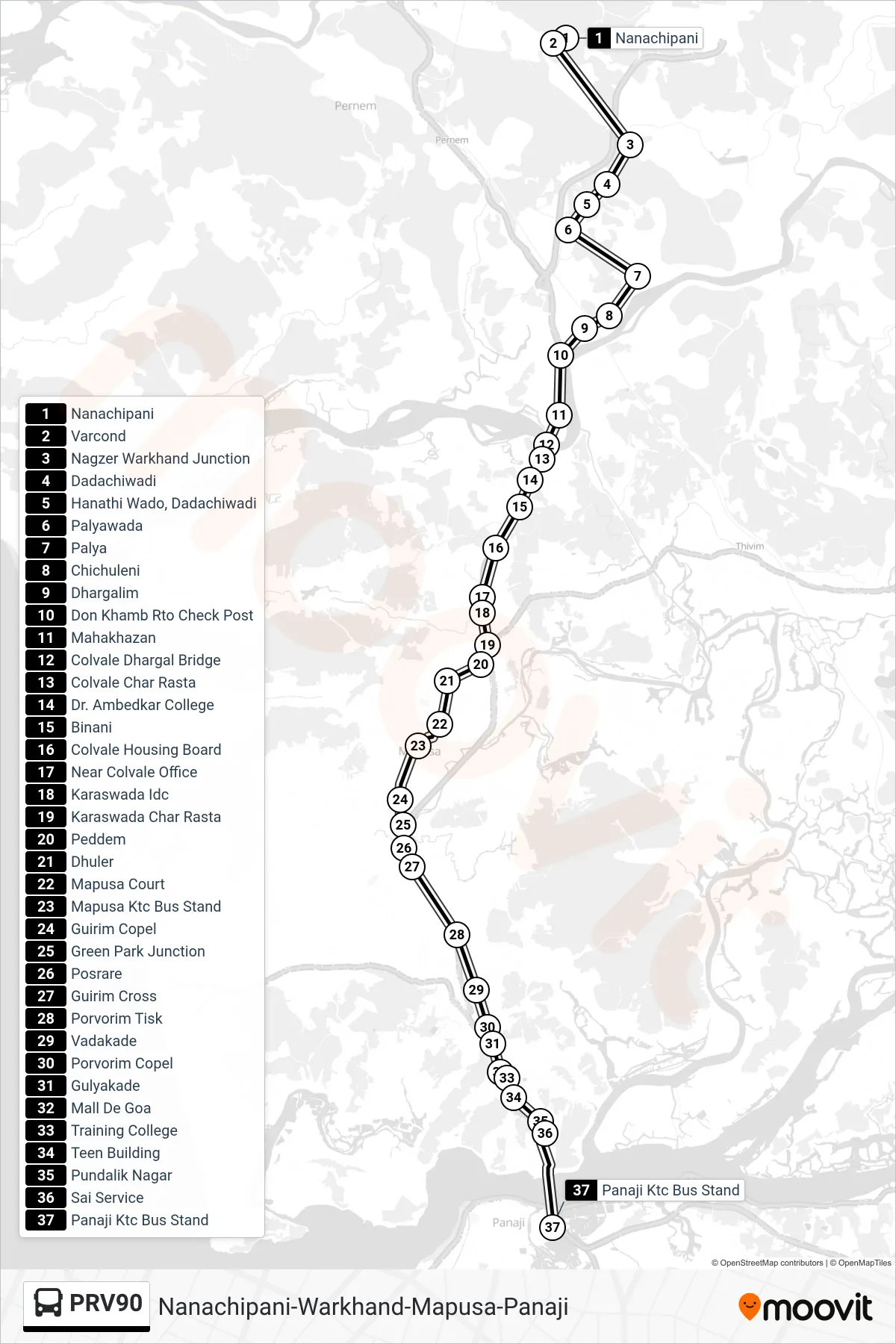 PRV90 bus Line (Nanachipani-Warkhand-Mapusa-Panaji) route and stops on a map