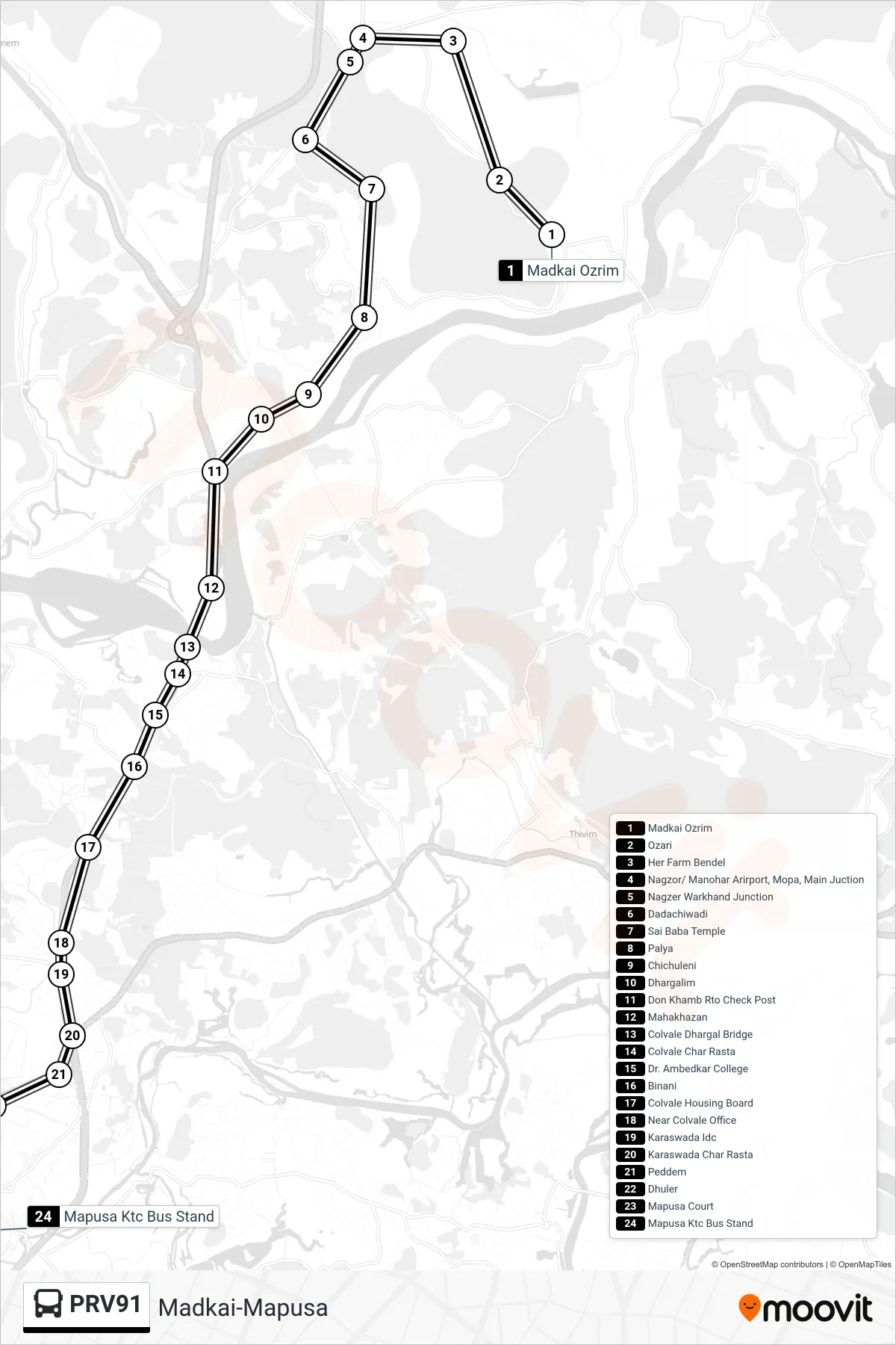 PRV91 bus Line (Madkai-Mapusa) route and stops on a map