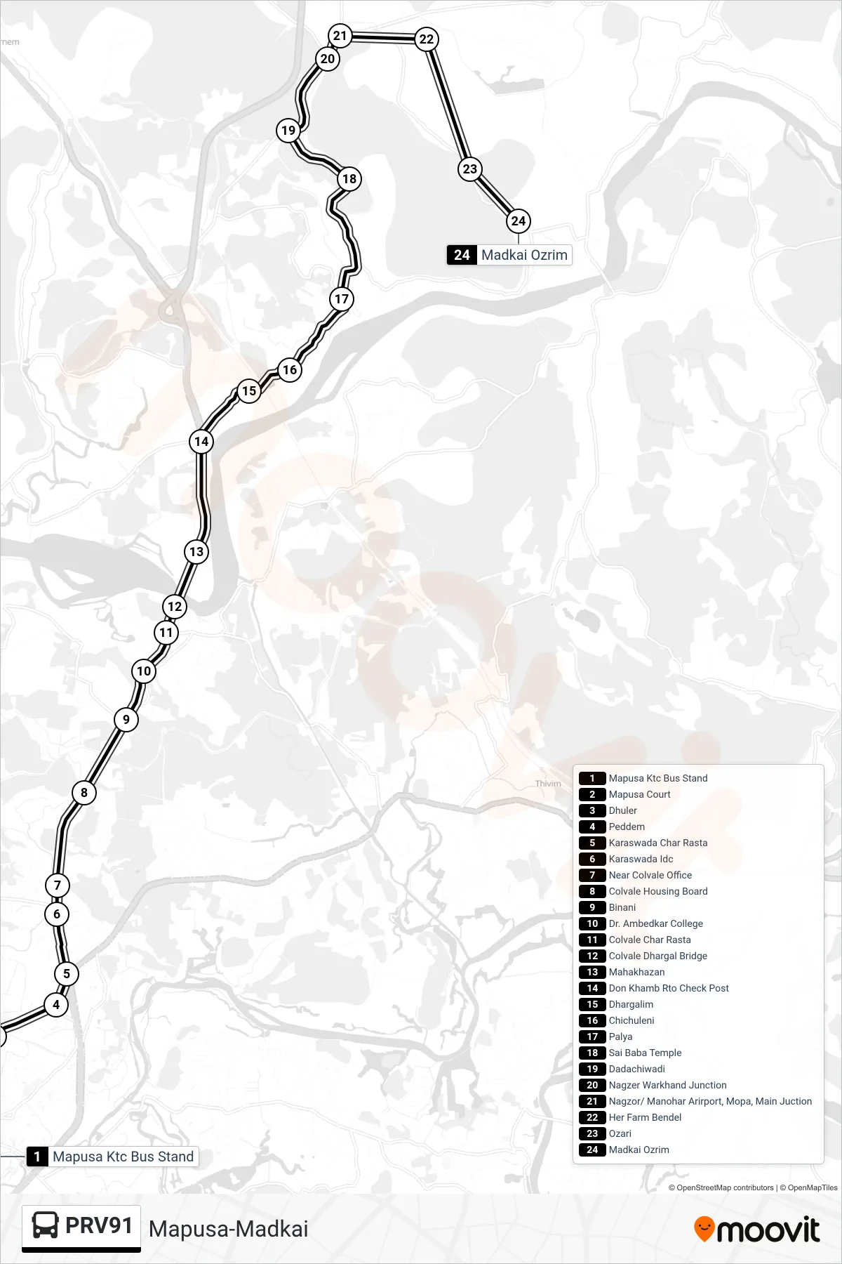 PRV91 bus Line (Mapusa-Madkai) route and stops on a map