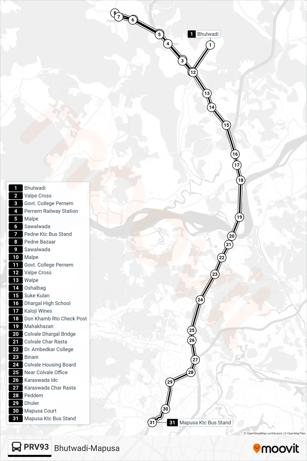 PRV93 bus Line (Bhutwadi-Mapusa) route and stops on a map