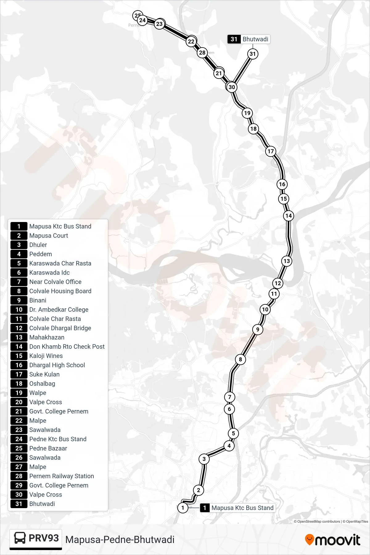PRV93 bus Line (Mapusa-Pedne-Bhutwadi) route and stops on a map