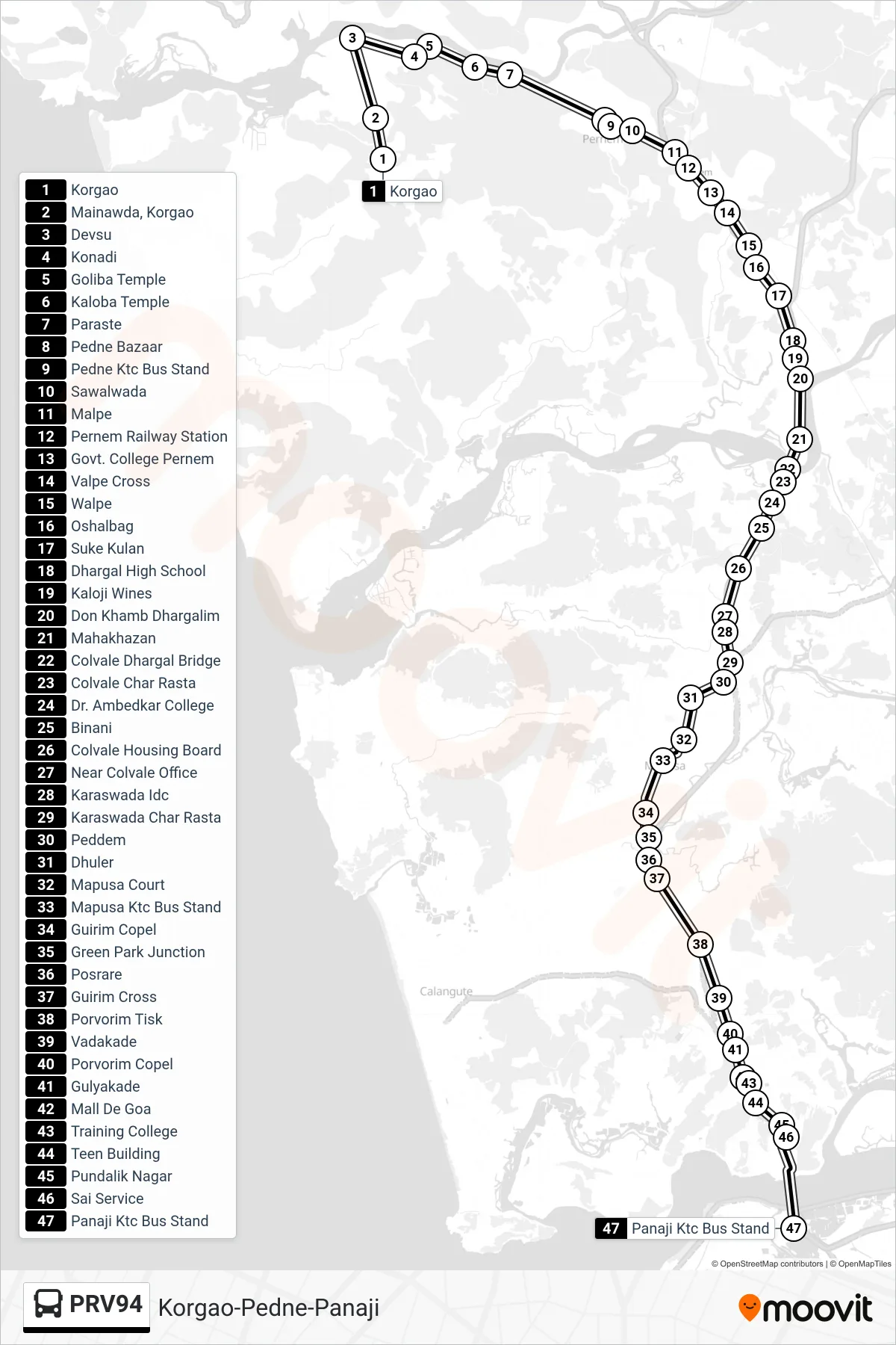PRV94 bus Line (Korgao-Pedne-Panaji) route and stops on a map