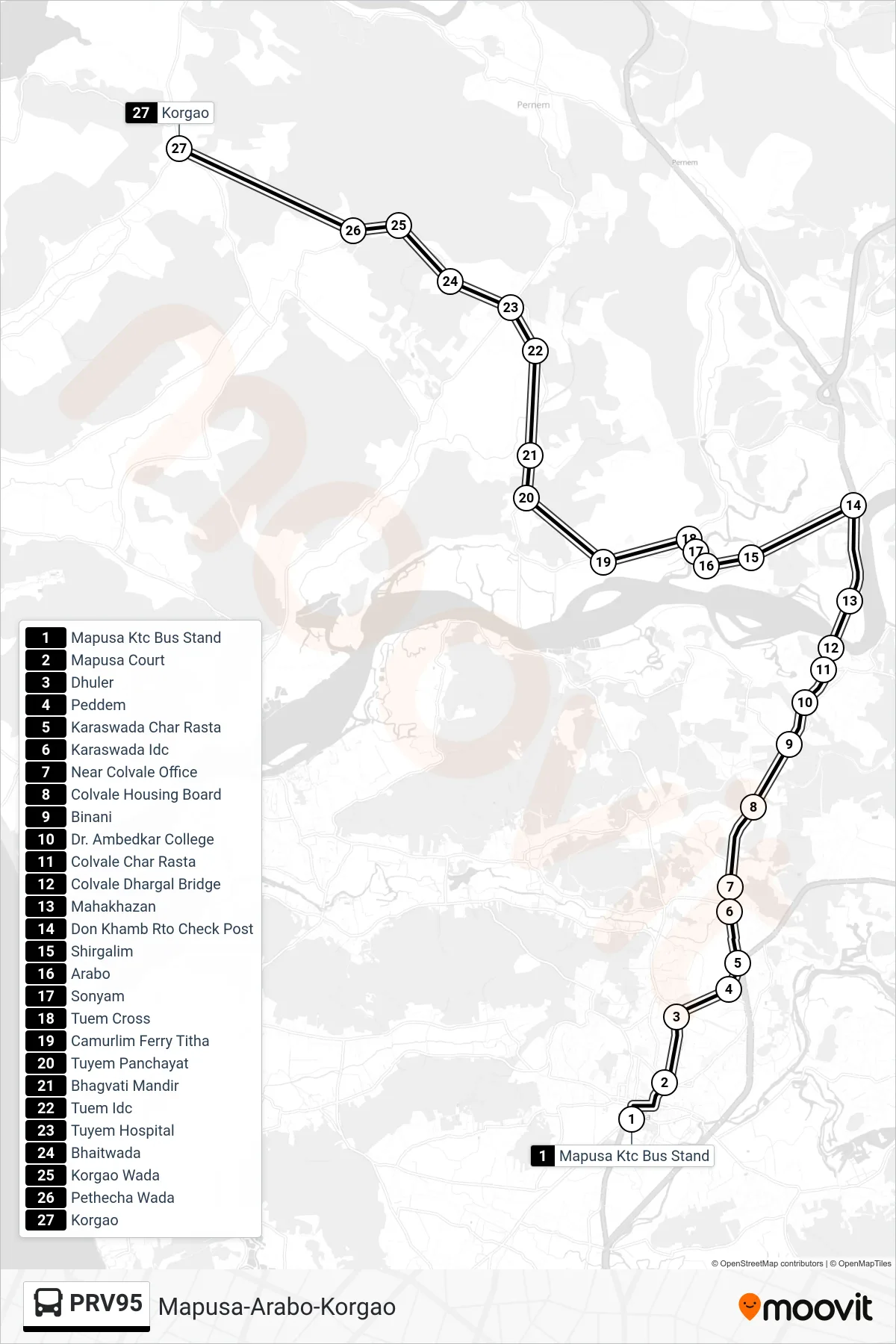 PRV95 bus Line (Mapusa-Arabo-Korgao) route and stops on a map