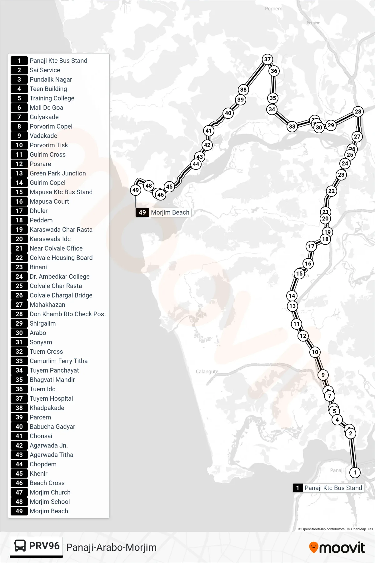 PRV96 bus Line (Panaji-Arabo-Morjim) route and stops on a map