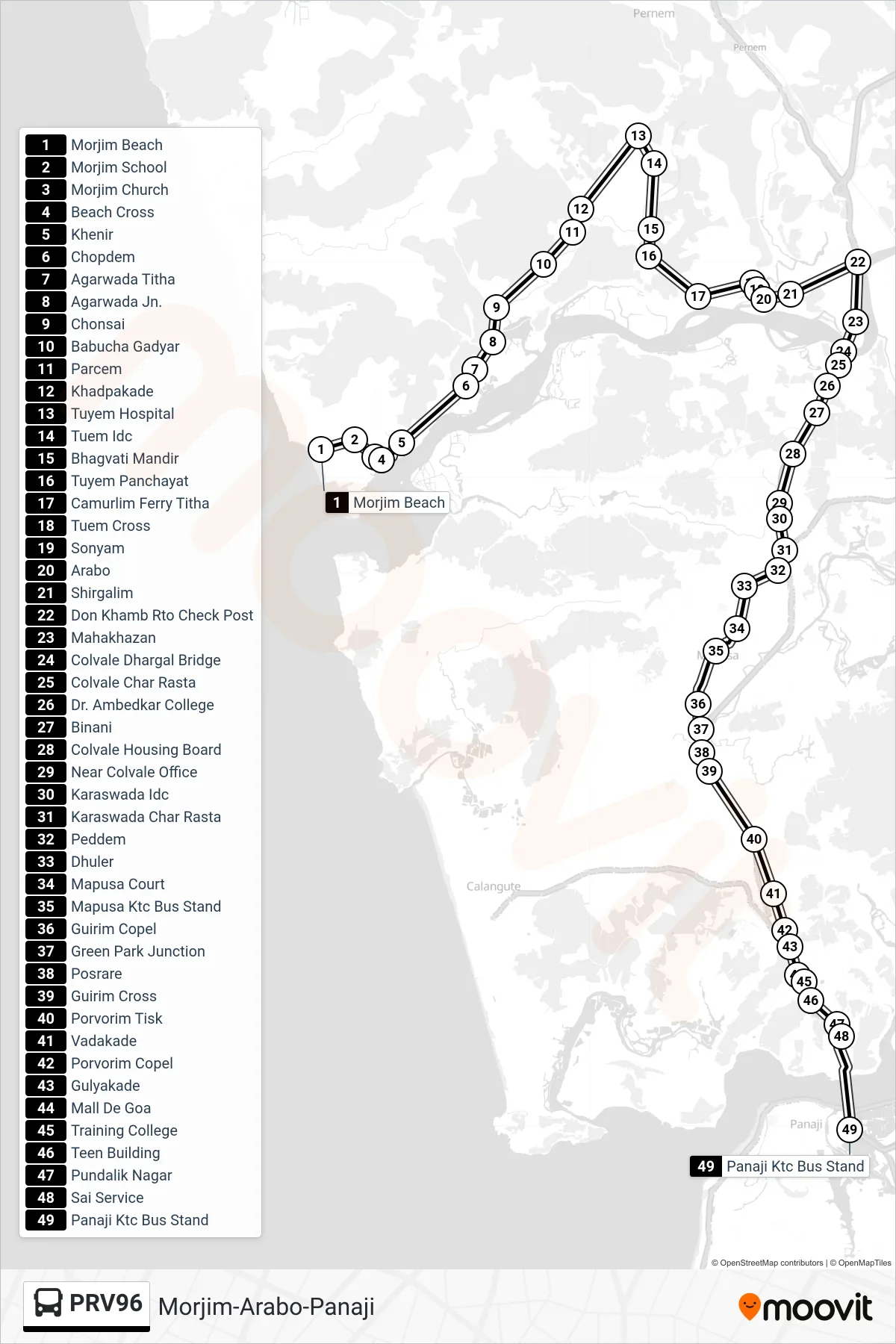 PRV96 bus Line (Morjim-Arabo-Panaji) route and stops on a map