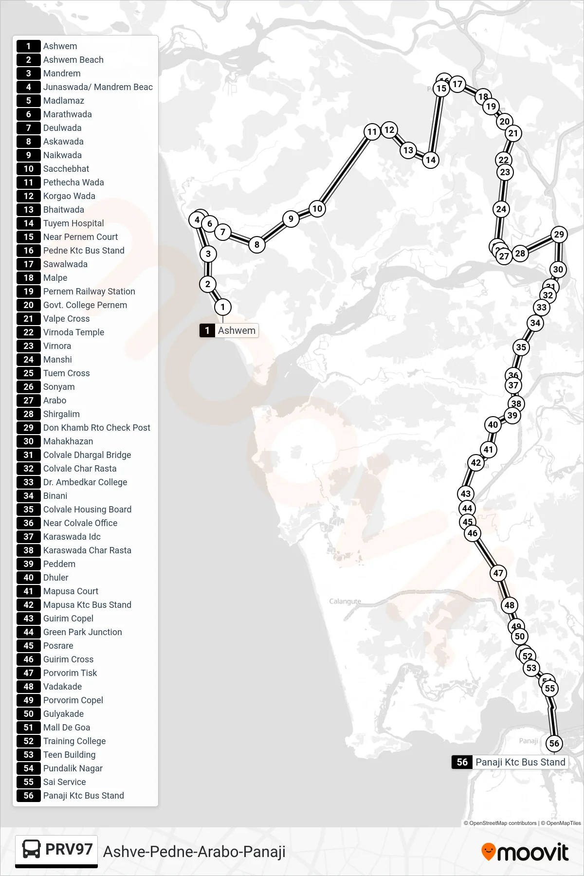 PRV97 bus Line (Ashve-Pedne-Arabo-Panaji) route and stops on a map
