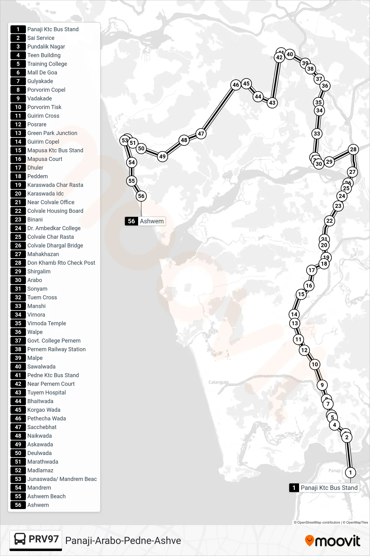 PRV97 bus Line (Panaji-Arabo-Pedne-Ashve) route and stops on a map