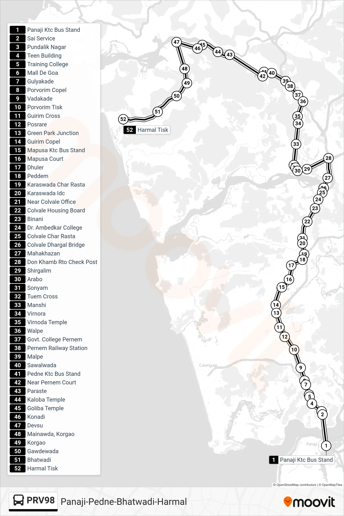 PRV98 bus Line (Panaji-Pedne-Bhatwadi-Harmal) route and stops on a map