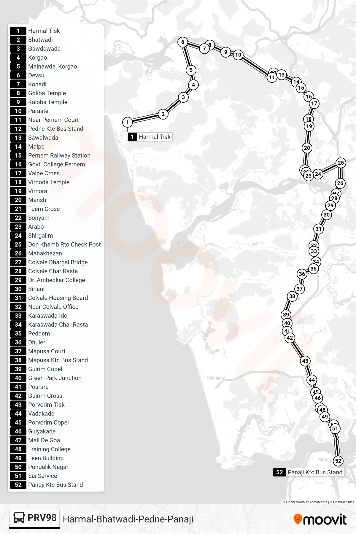 PRV98 bus Line (Harmal-Bhatwadi-Pedne-Panaji) route and stops on a map