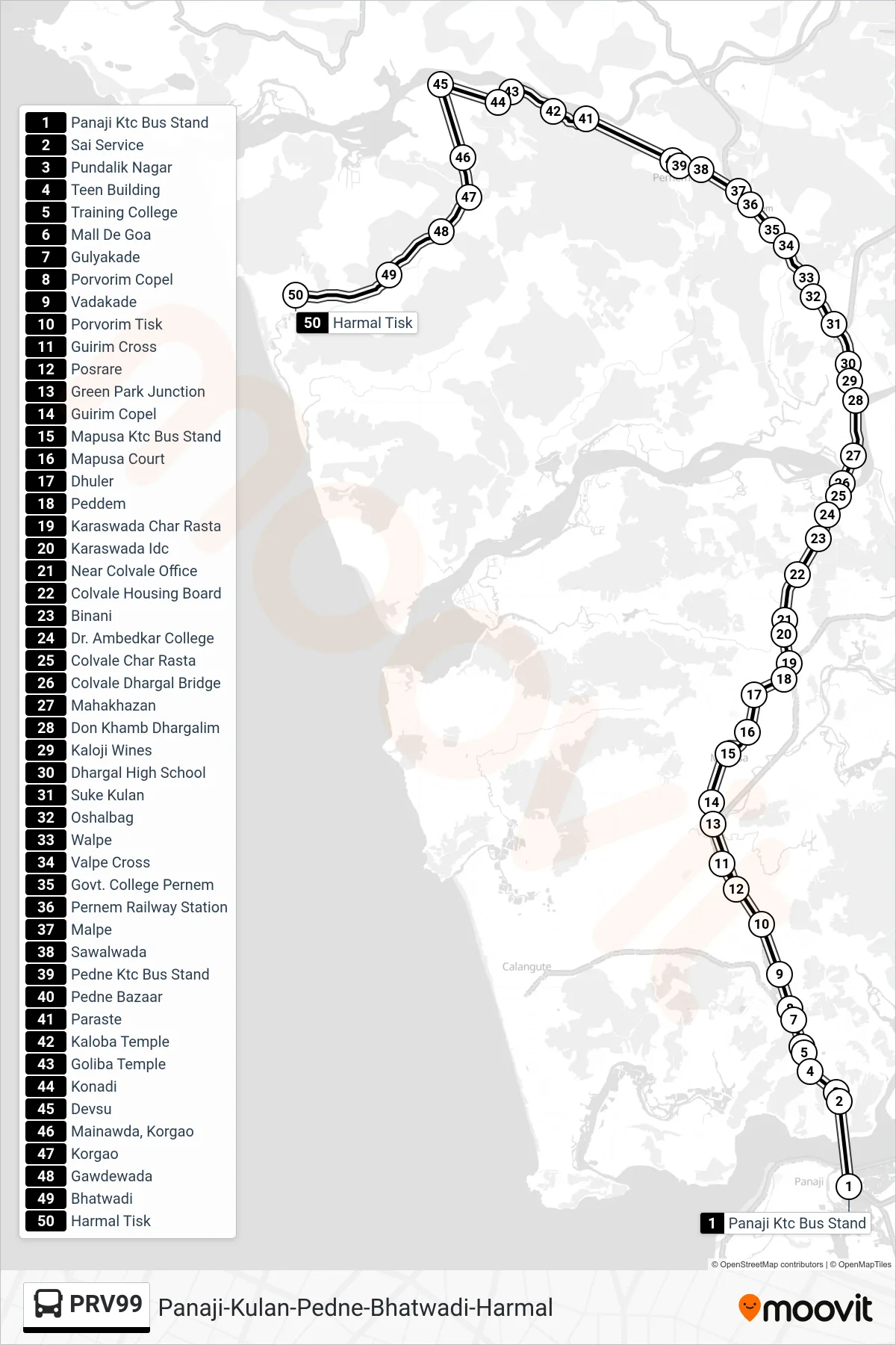 PRV99 bus Line (Panaji-Kulan-Pedne-Bhatwadi-Harmal) route and stops on a map