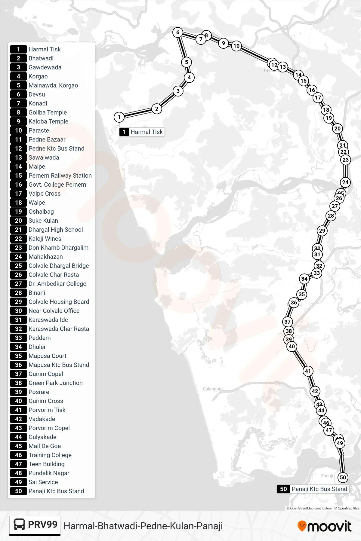 PRV99 bus Line (Harmal-Bhatwadi-Pedne-Kulan-Panaji) route and stops on a map