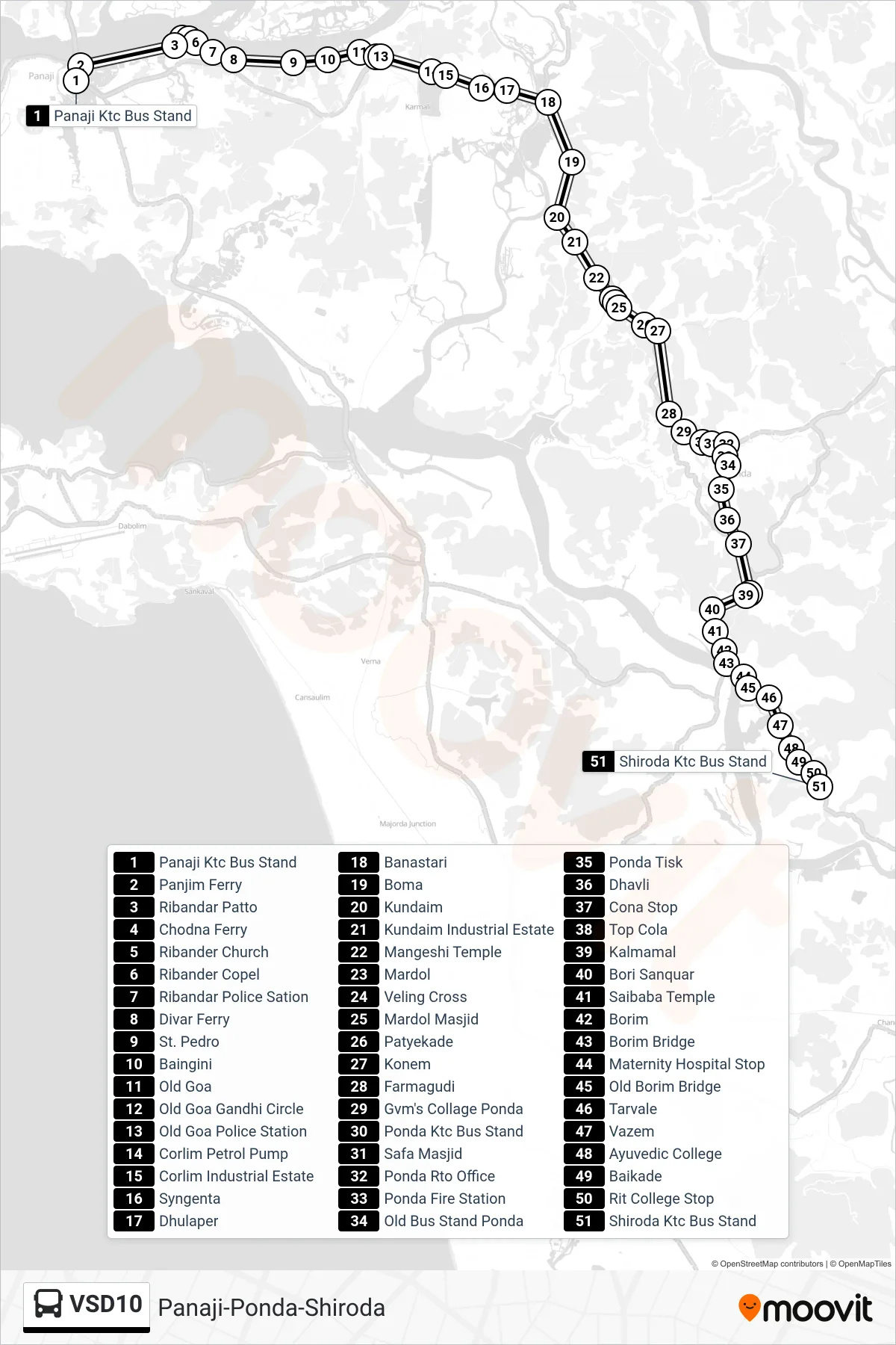 VSD10 bus Line (Panaji-Ponda-Shiroda) route and stops on a map