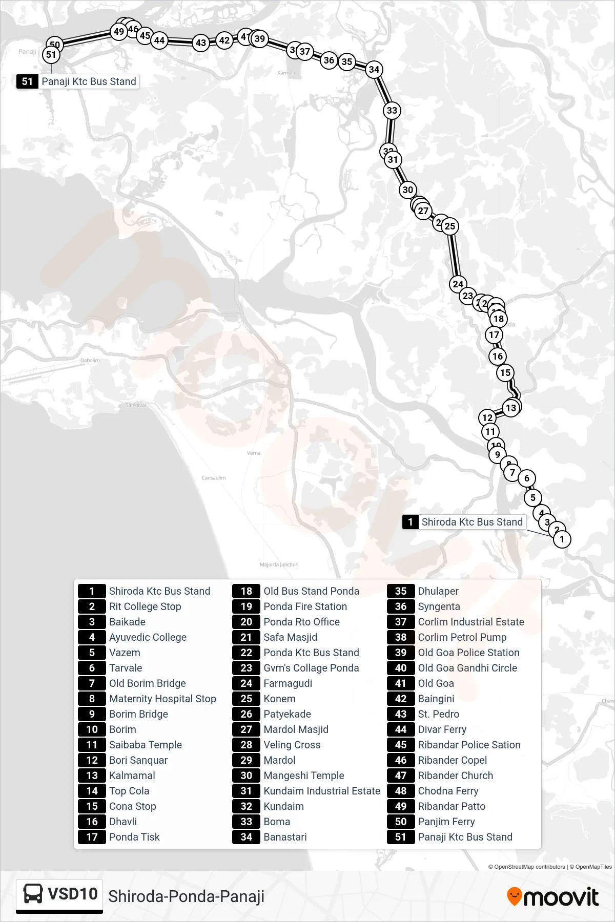 VSD10 bus Line (Shiroda-Ponda-Panaji) route and stops on a map