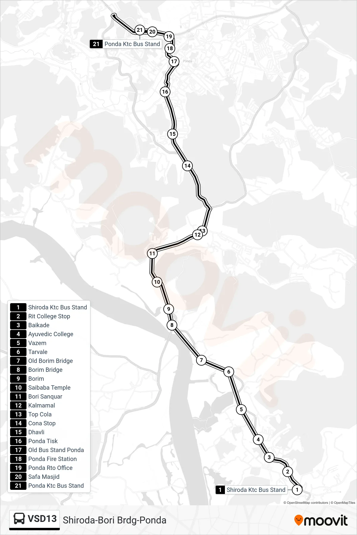 VSD13 bus Line (Shiroda-Bori Brdg-Ponda) route and stops on a map