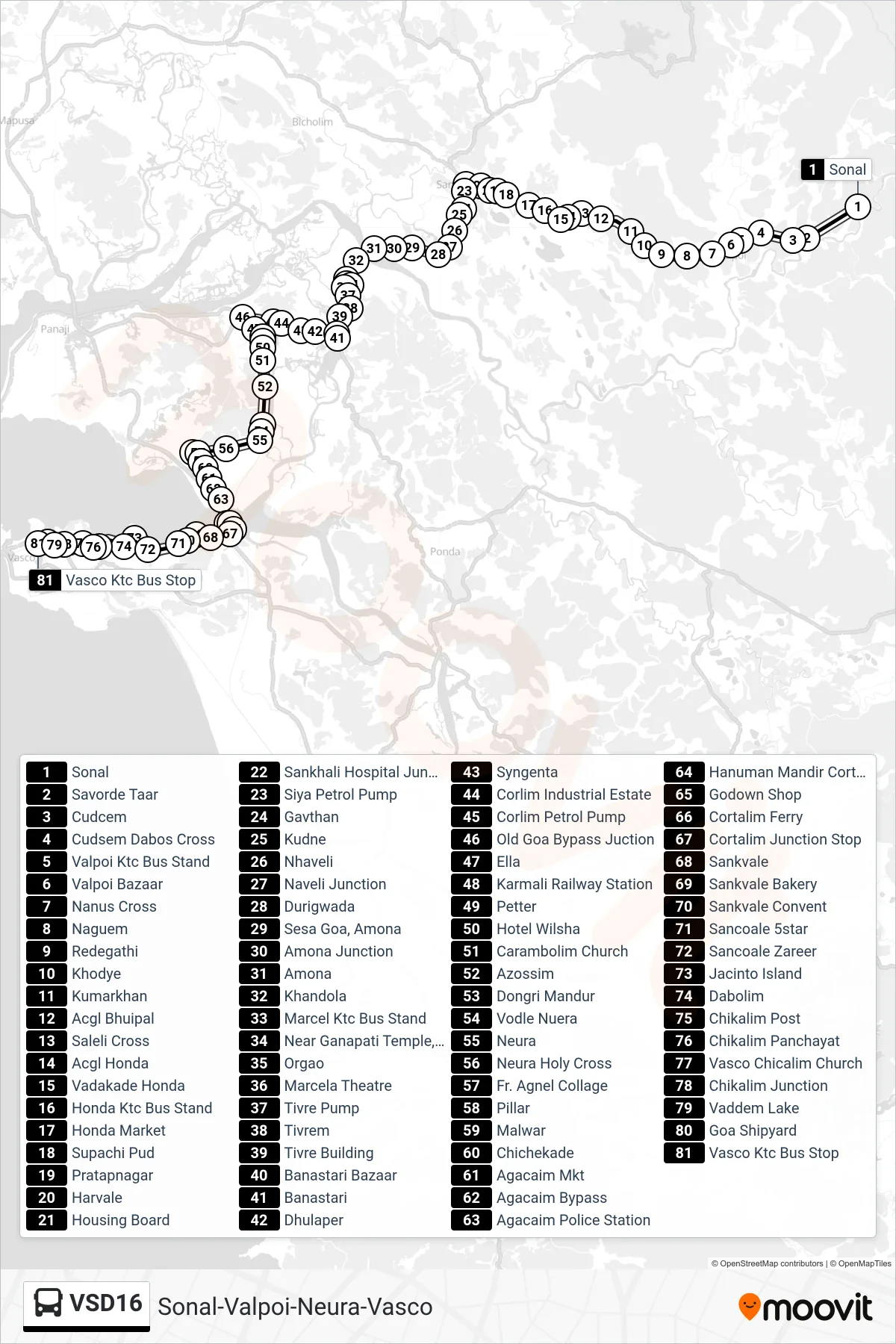 VSD16 bus Line (Sonal-Valpoi-Neura-Vasco) route and stops on a map