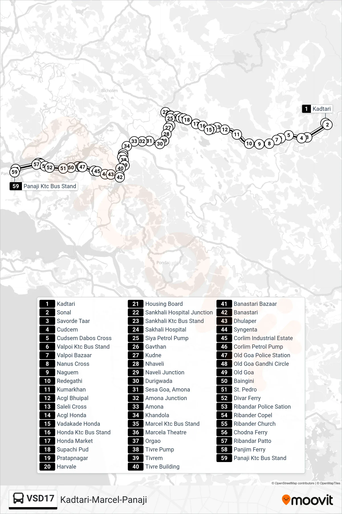 VSD17 bus Line (Kadtari-Marcel-Panaji) route and stops on a map