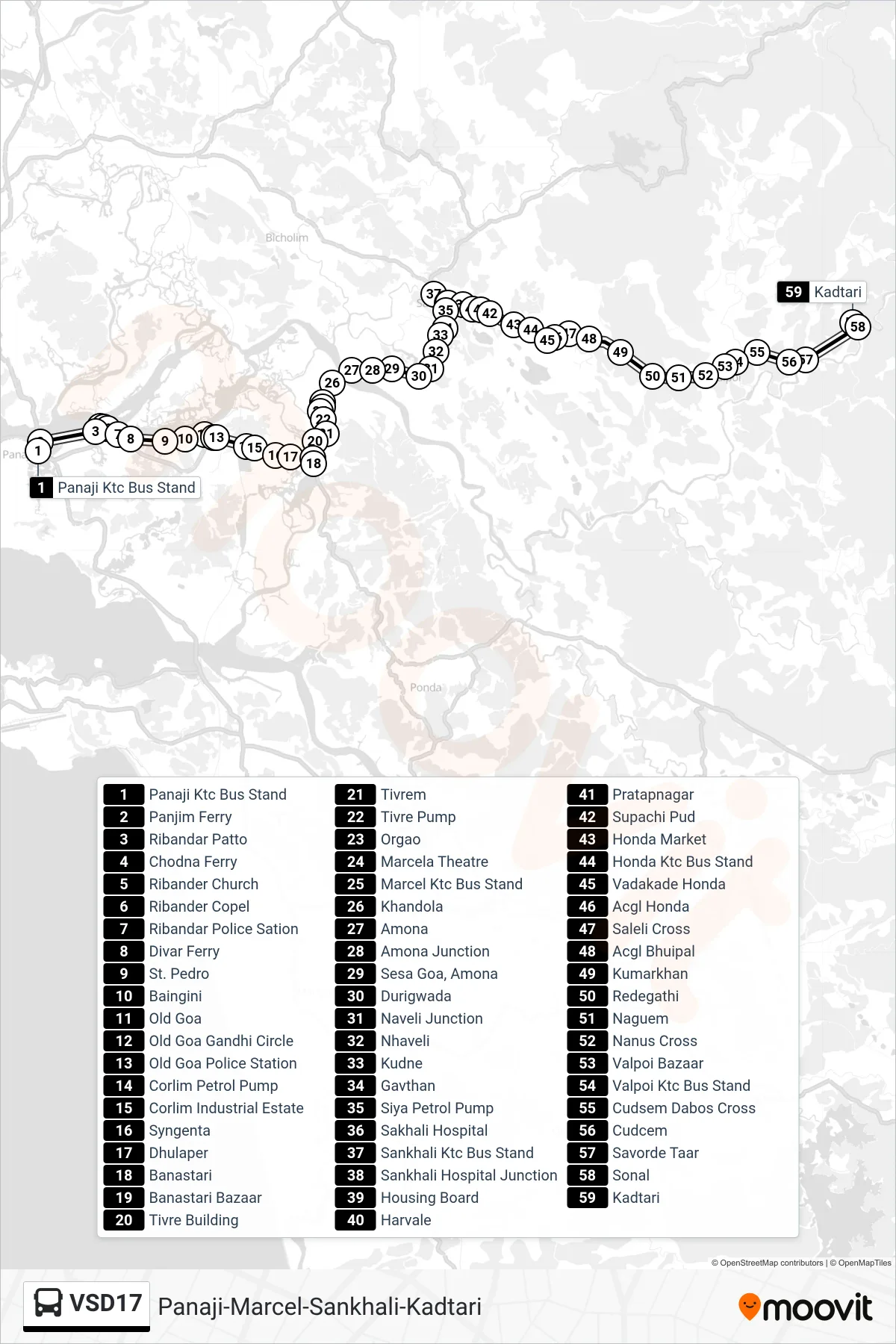 VSD17 bus Line (Panaji-Marcel-Sankhali-Kadtari) route and stops on a map