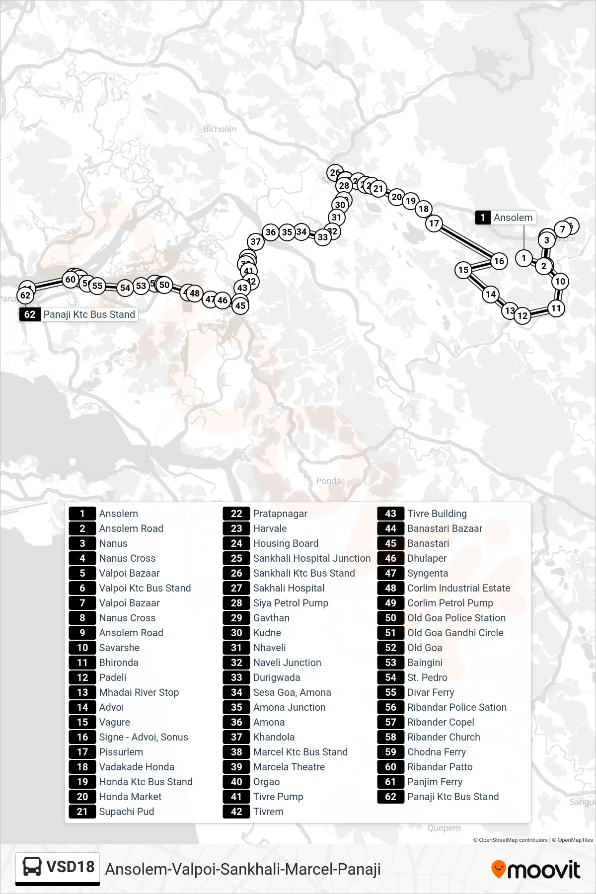 VSD18 bus Line (Ansolem-Valpoi-Sankhali-Marcel-Panaji) route and stops on a map