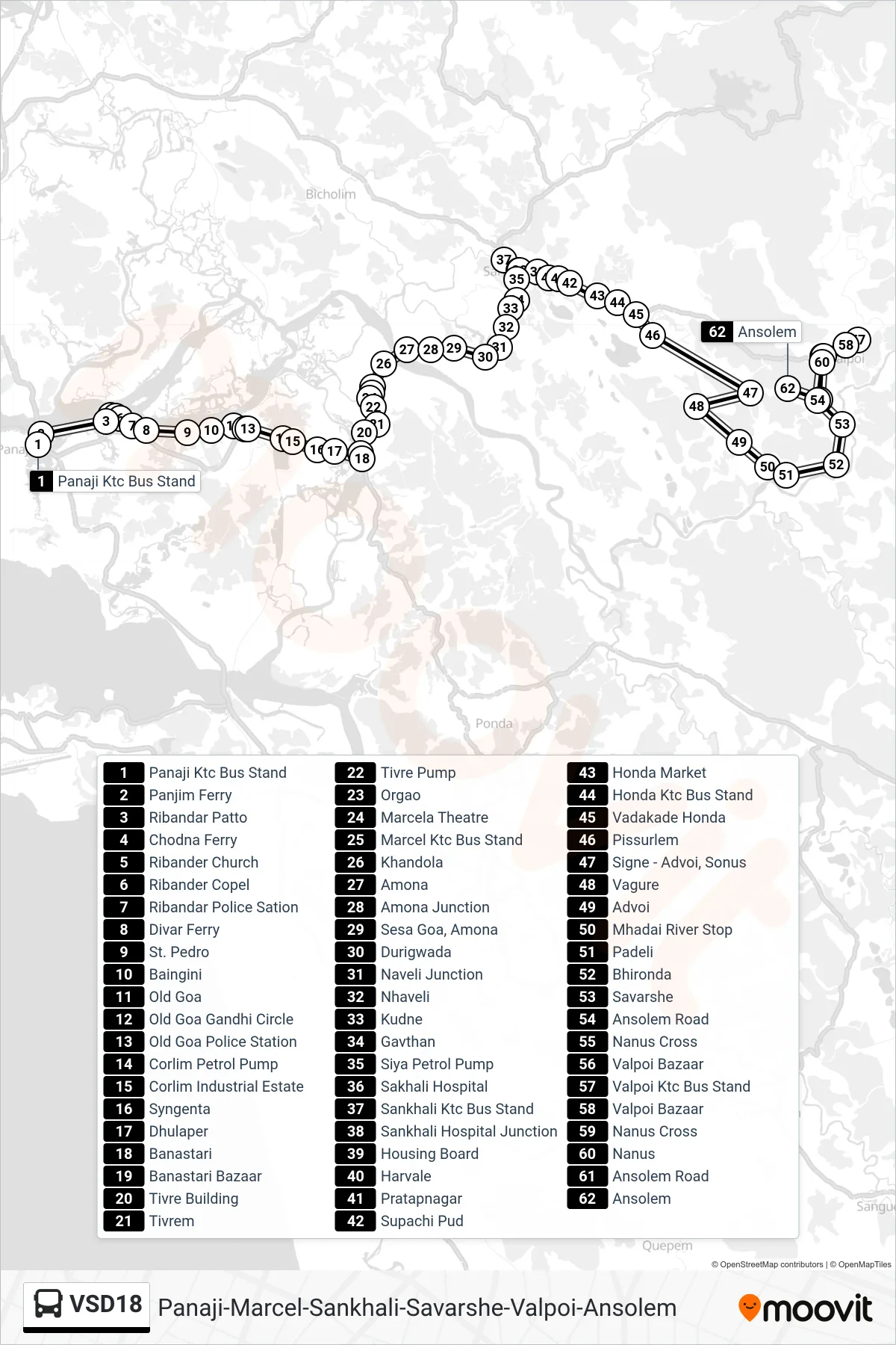 VSD18 bus Line (Panaji-Marcel-Sankhali-Savarshe-Valpoi-Ansolem) route and stops on a map